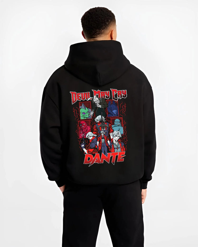 Black hoodie worn by male model, back view with Dante Hoodie Devil May Cry Retro Gothic Demon Print graphic premium wear.