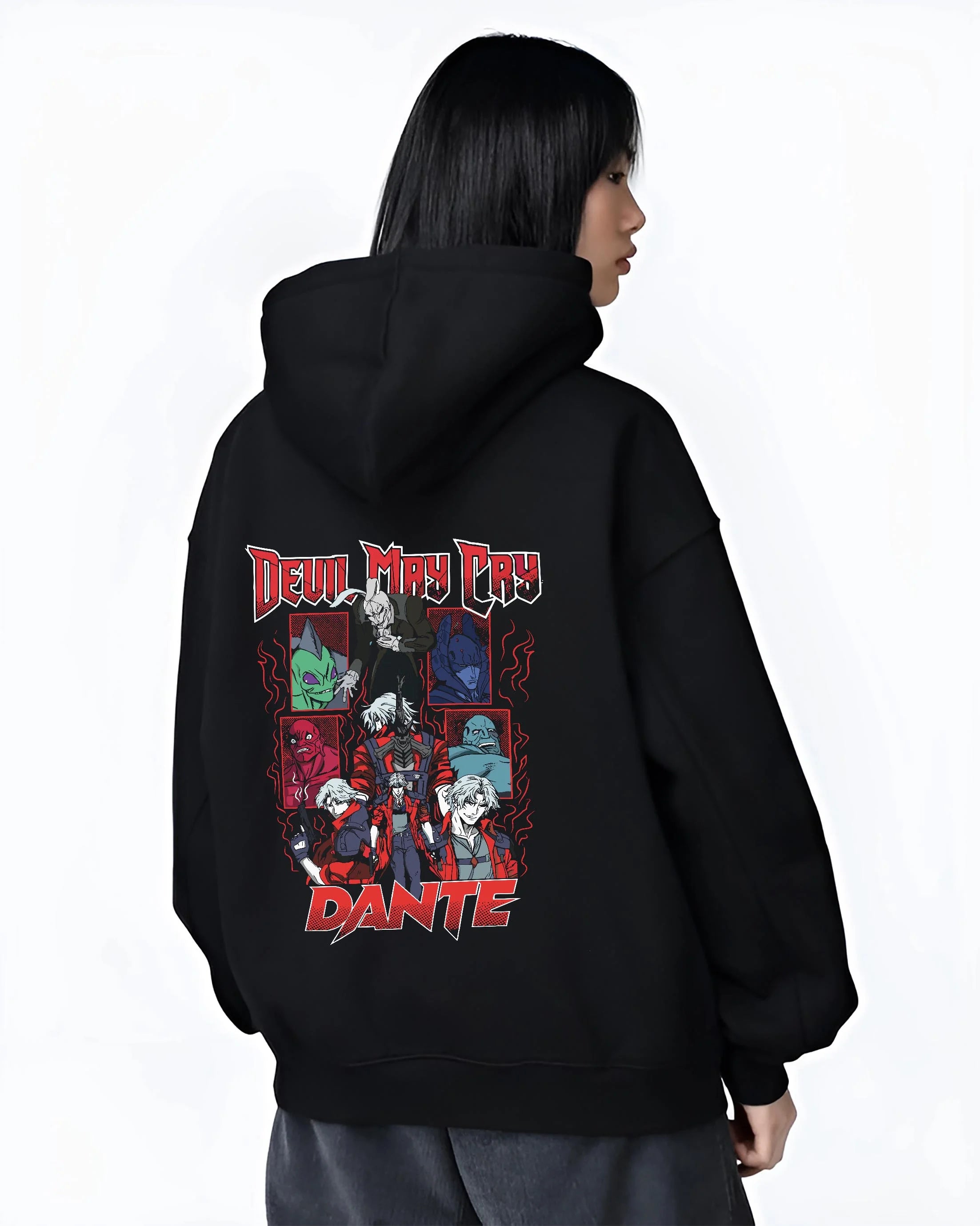 Black hoodie worn by female model, back view with Dante Hoodie Devil May Cry Retro Gothic Demon Print graphic premium wear.