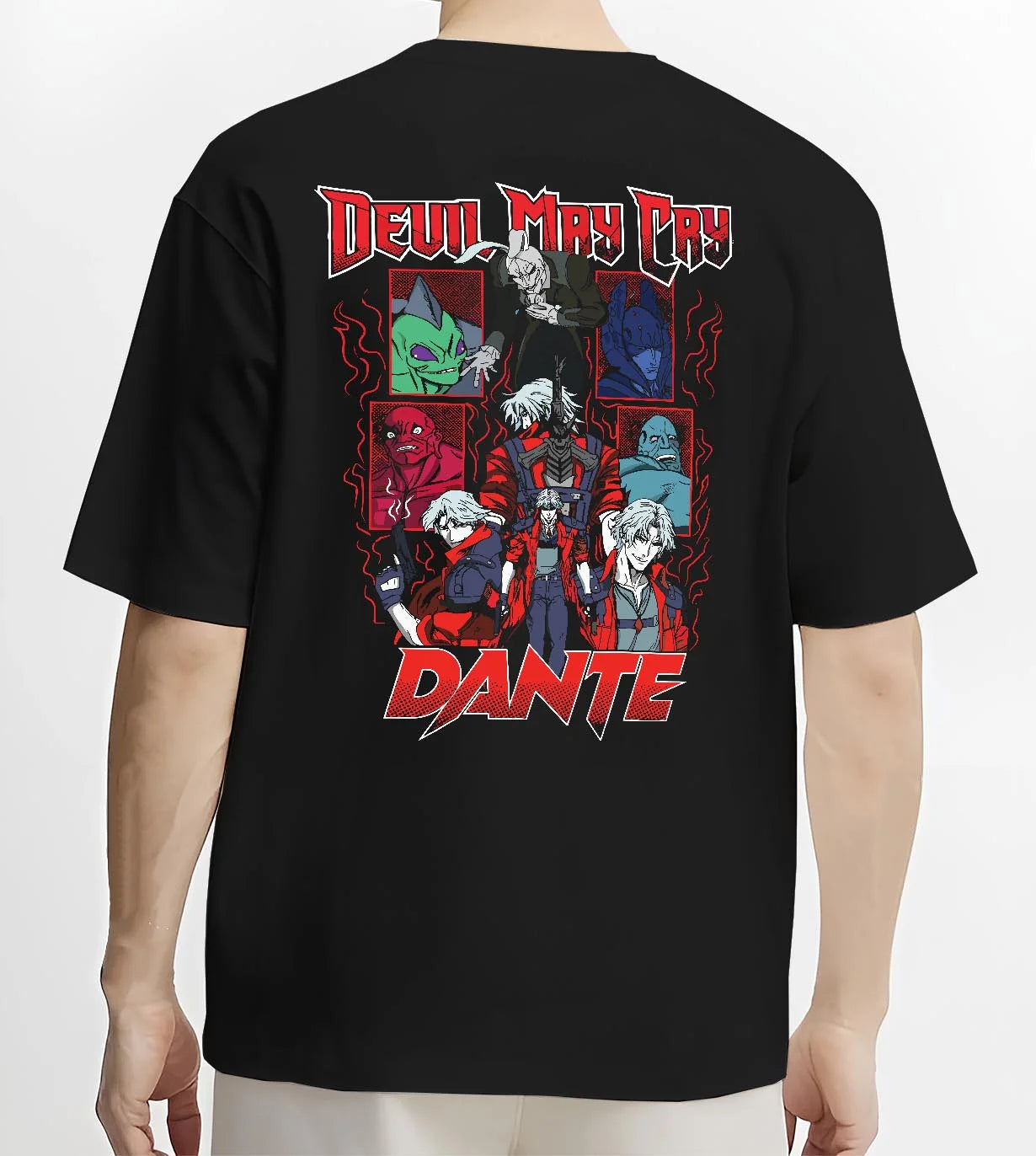 Black T-shirt worn by male model, back view with Dante Hoodie Devil May Cry Retro Gothic Demon Print graphic bold anime graphic.