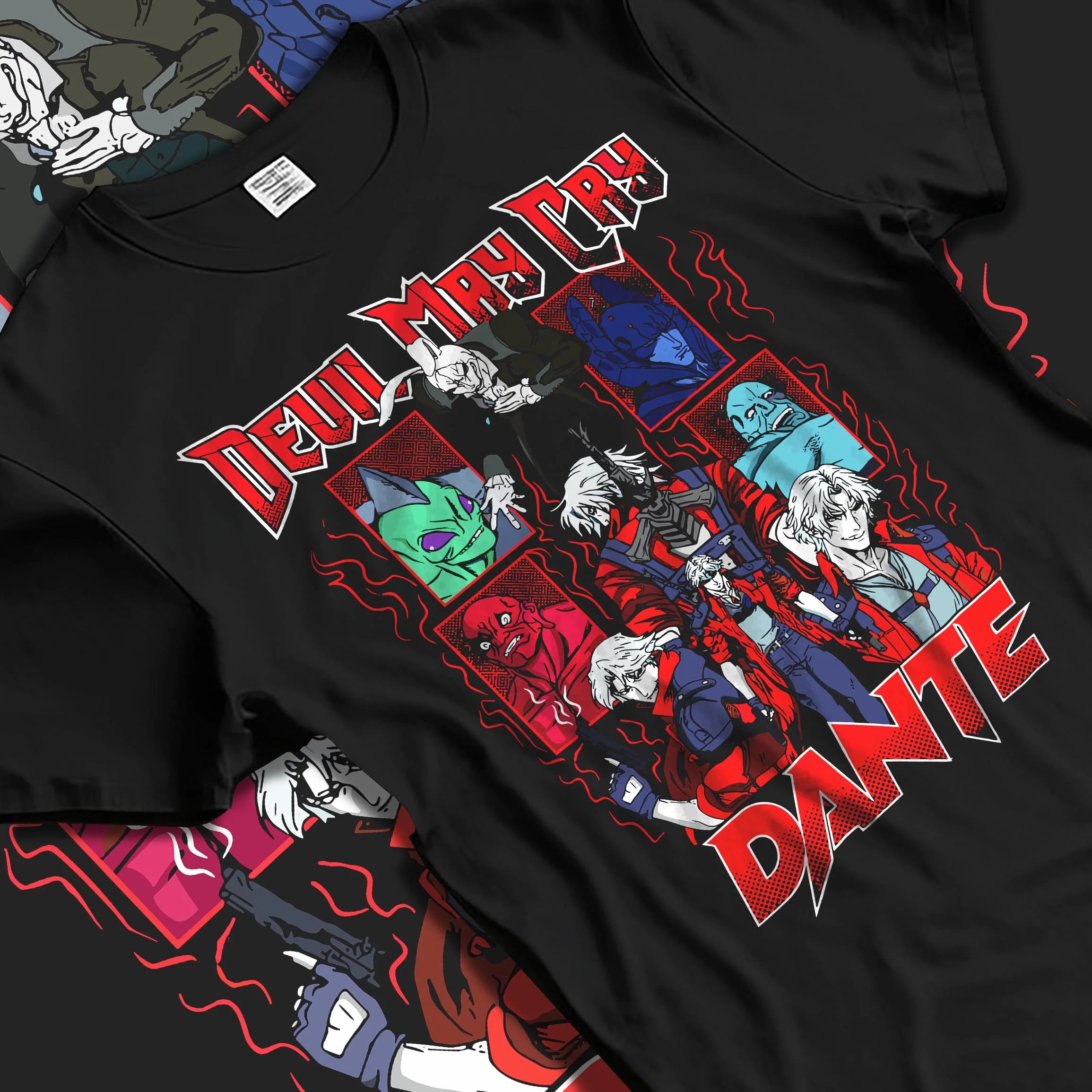 Black T-shirt laid flat with natural folds with Dante Hoodie Devil May Cry Retro Gothic Demon Print graphic bold anime graphic.