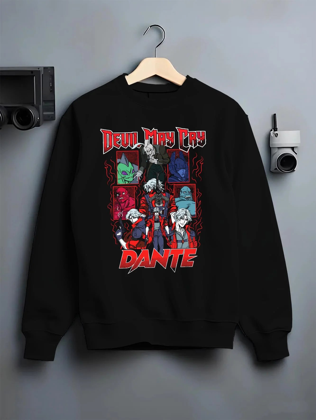 Black crewneck sweatshirt on hanger with Dante Hoodie Devil May Cry Retro Gothic Demon Print graphic Dante anime design.