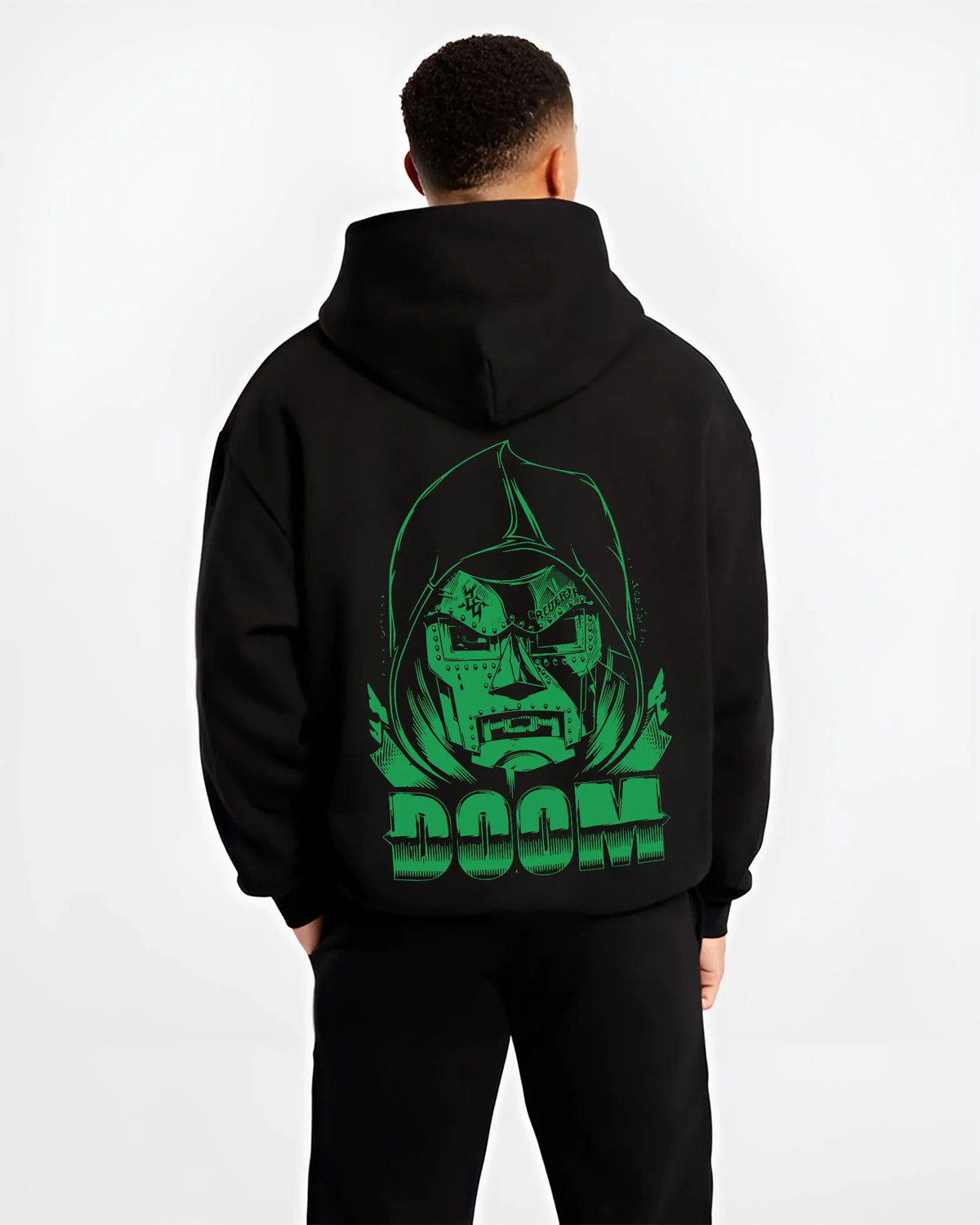 Black hoodie model back view showing Doctor Doom from Marvel Comics: masked Marvel comics villain