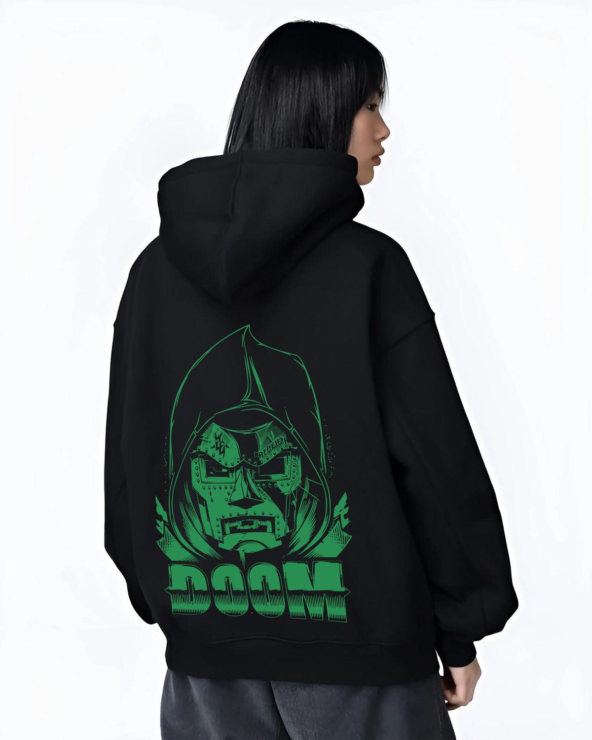 Black hoodie female model back view showing Doctor Doom from Marvel Comics: masked Marvel comics villain