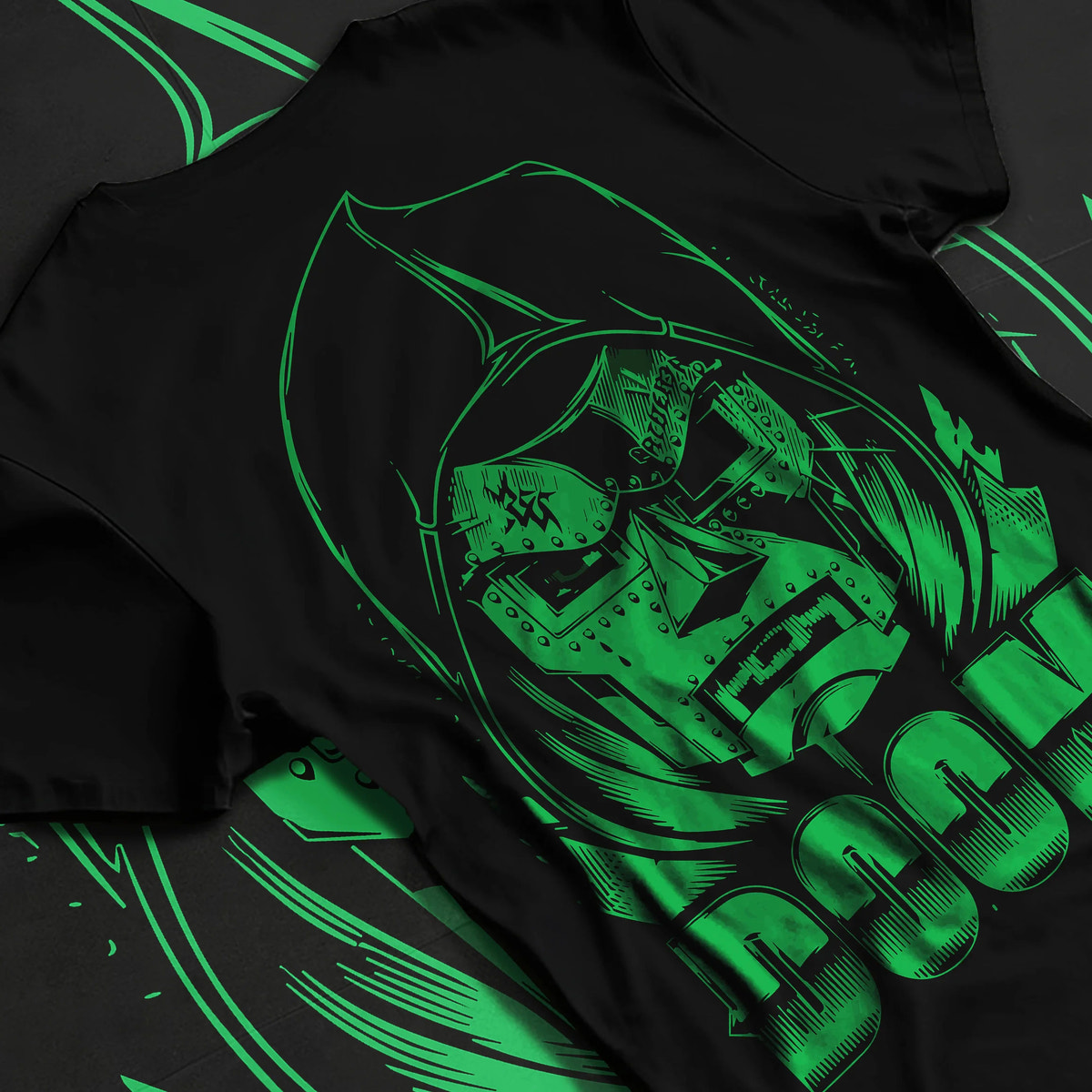 Black T-shirt flat back view showing Doctor Doom from Marvel Comics: masked Marvel comics villain