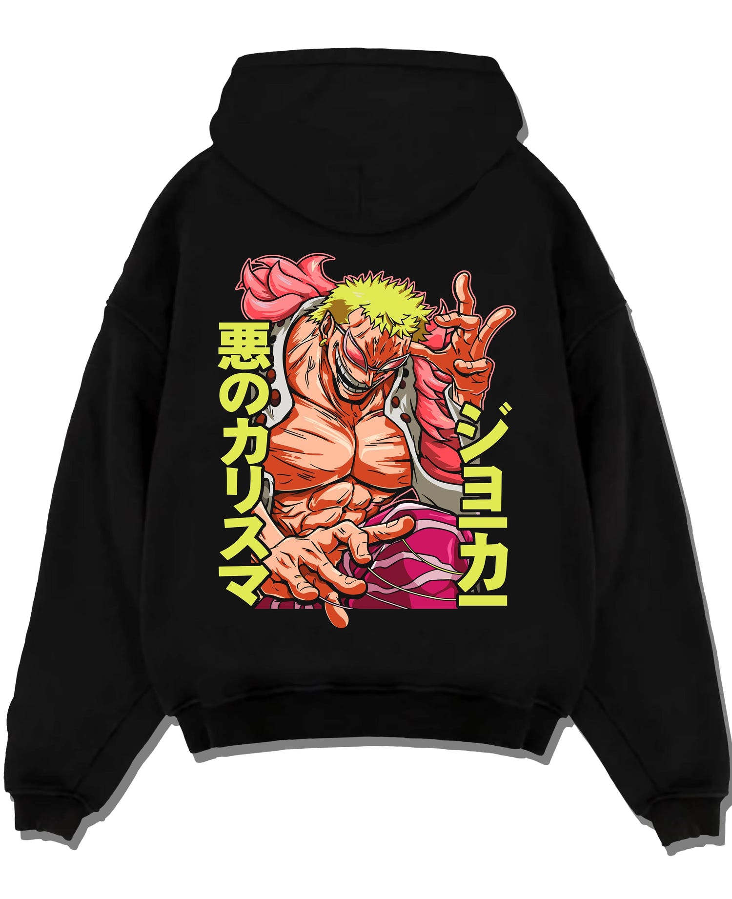 Black pullover hoodie laid flat with Doflamingo Hoodie One Piece Retro Villain Pose Art graphic bold anime graphic.