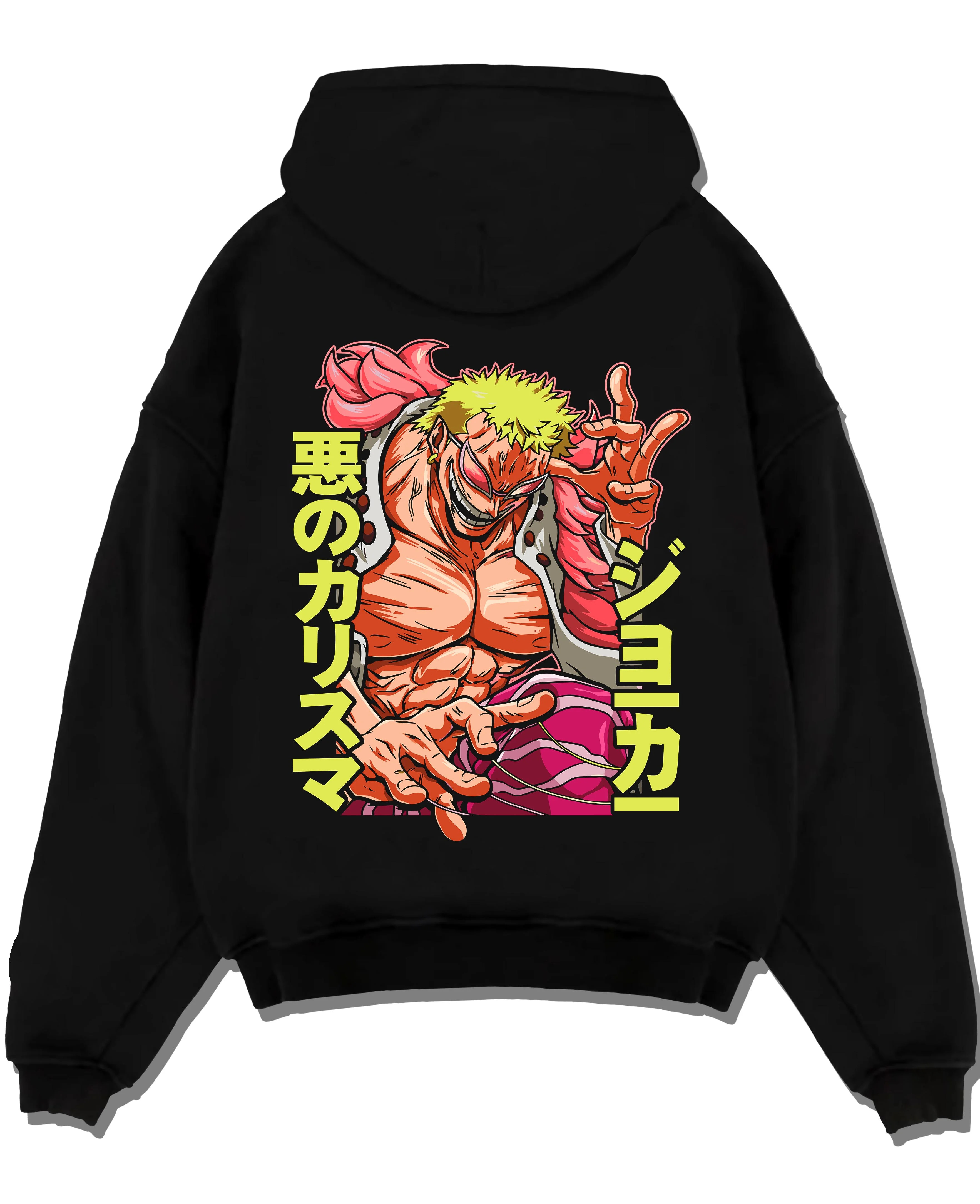 Black pullover hoodie laid flat with Doflamingo Hoodie One Piece Retro Villain Pose Art graphic bold anime graphic.