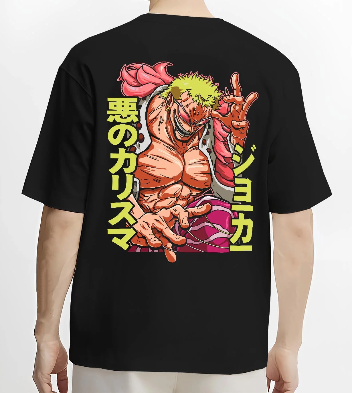 Black T-shirt worn by male model, back view with Doflamingo Hoodie One Piece Retro Villain Pose Art graphic premium wear.
