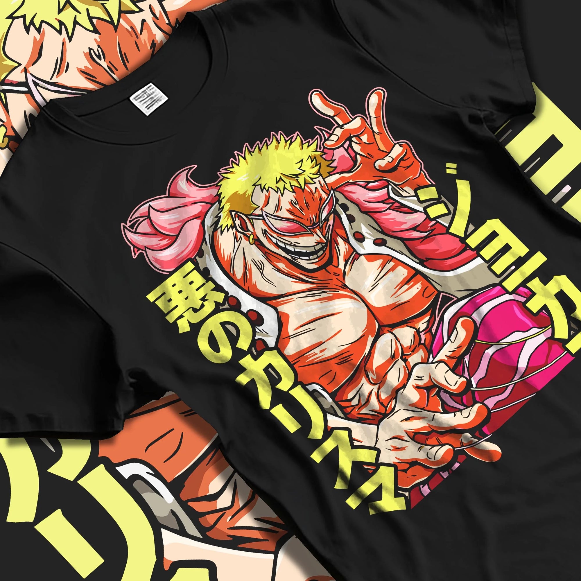 Black T-shirt laid flat with natural folds with Doflamingo Hoodie One Piece Retro Villain Pose Art graphic premium wear.