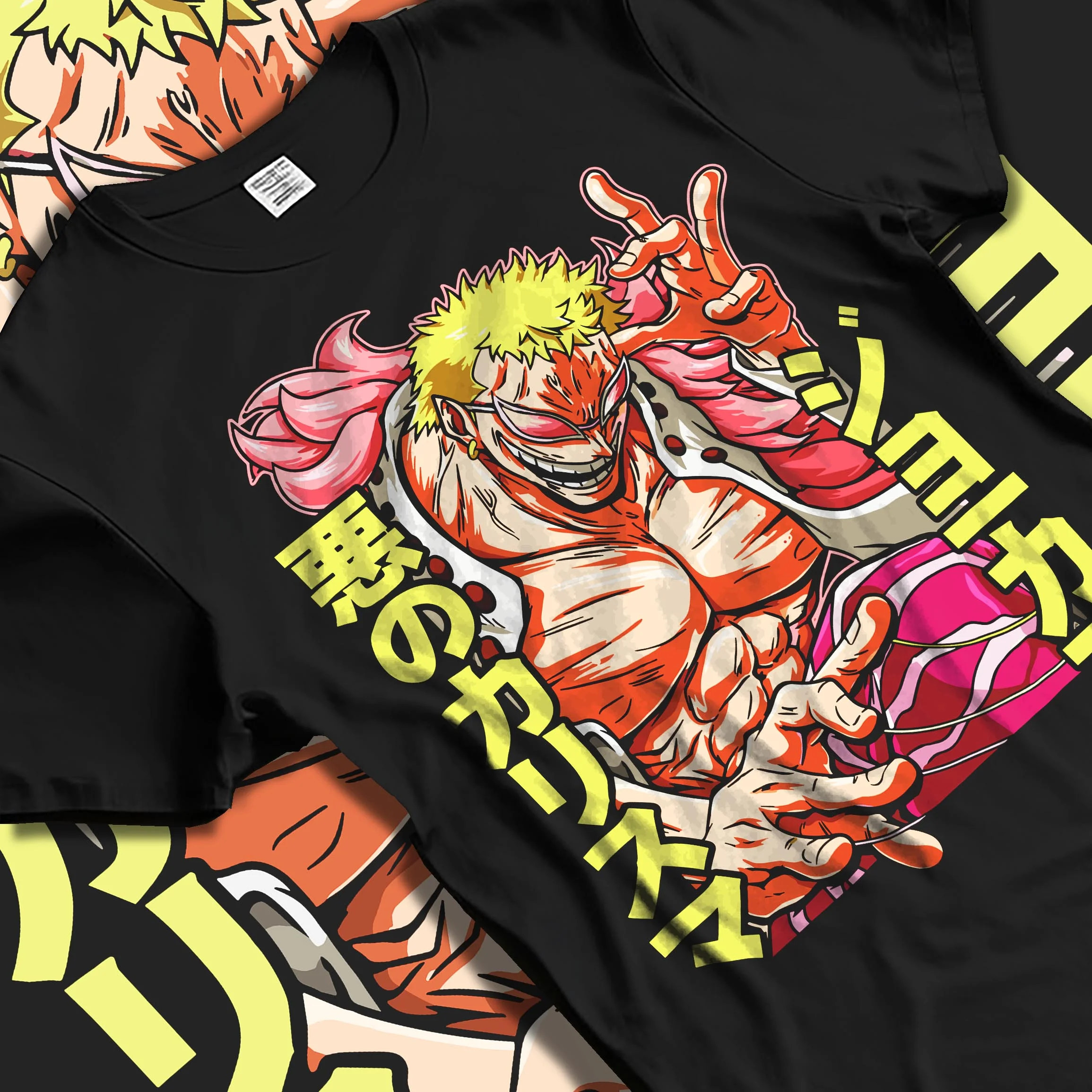 Black T-shirt laid flat with natural folds with Doflamingo Hoodie One Piece Retro Villain Pose Art graphic premium wear.