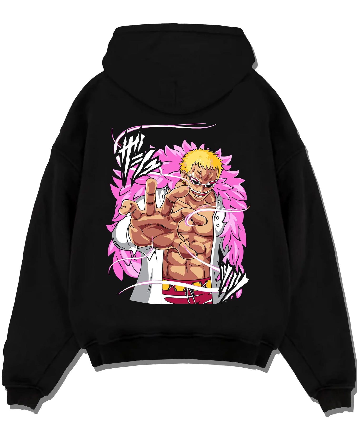 Black pullover hoodie laid flat with Doflamingo Hoodie One Piece Villain Charisma Poster graphic streetwear graphic.