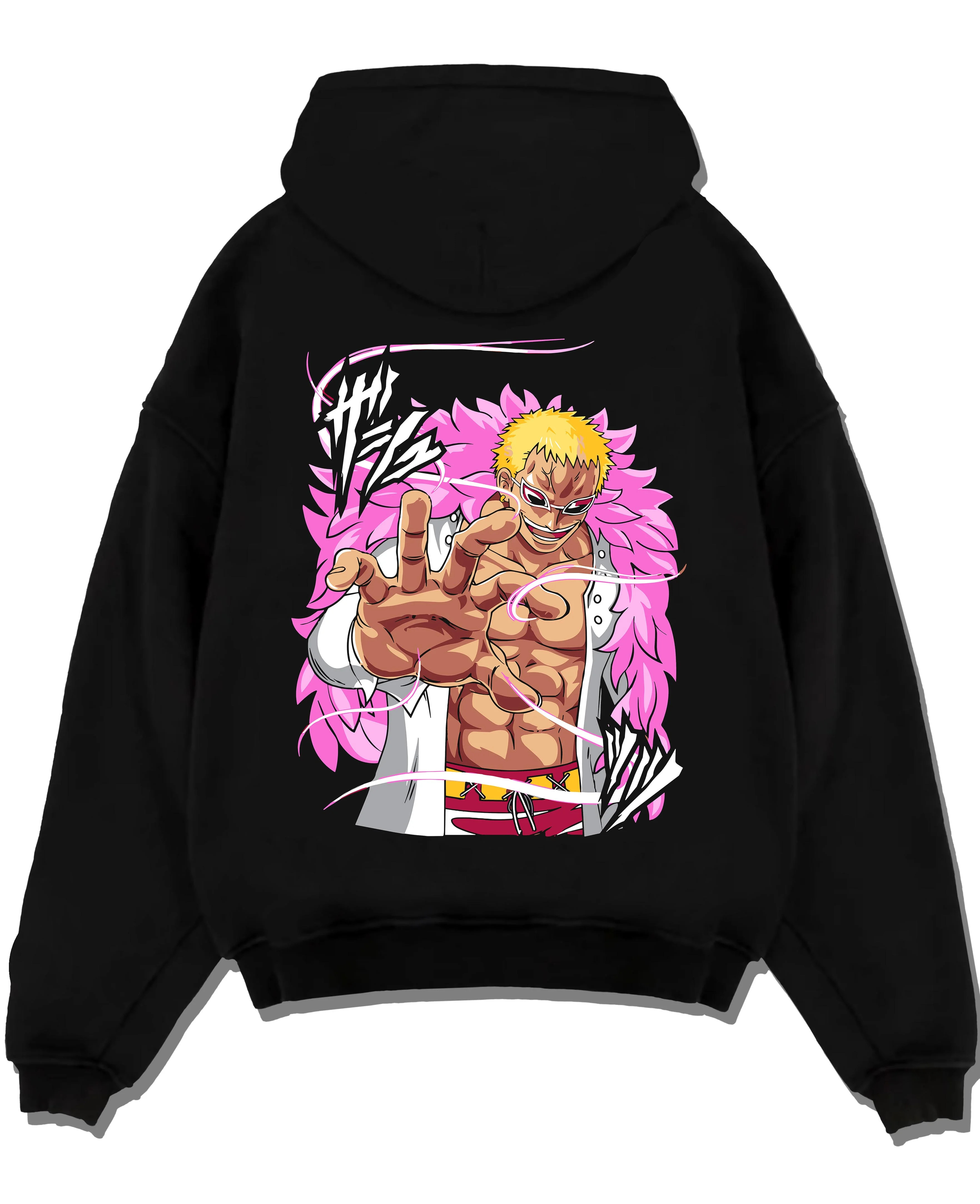 Black pullover hoodie laid flat with Doflamingo Hoodie One Piece Villain Charisma Poster graphic streetwear graphic.