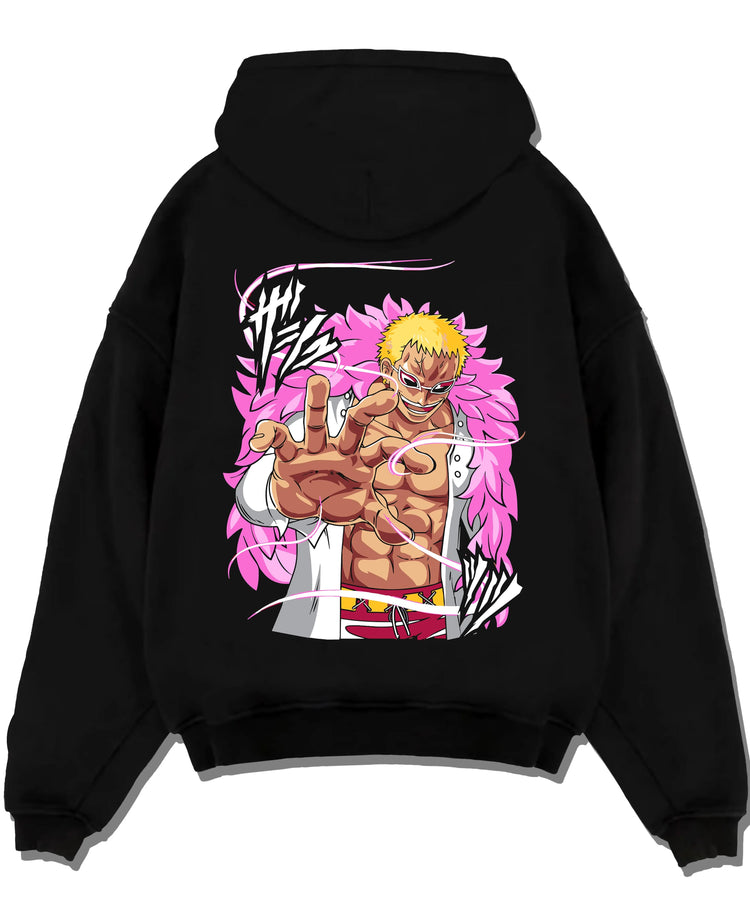 Black pullover hoodie laid flat with Doflamingo Hoodie One Piece Villain Charisma Poster graphic streetwear graphic.