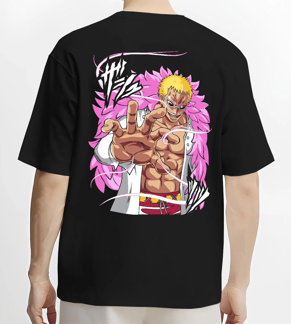 Black T-shirt worn by male model, back view with Doflamingo Hoodie One Piece Villain Charisma Poster graphic premium wear.