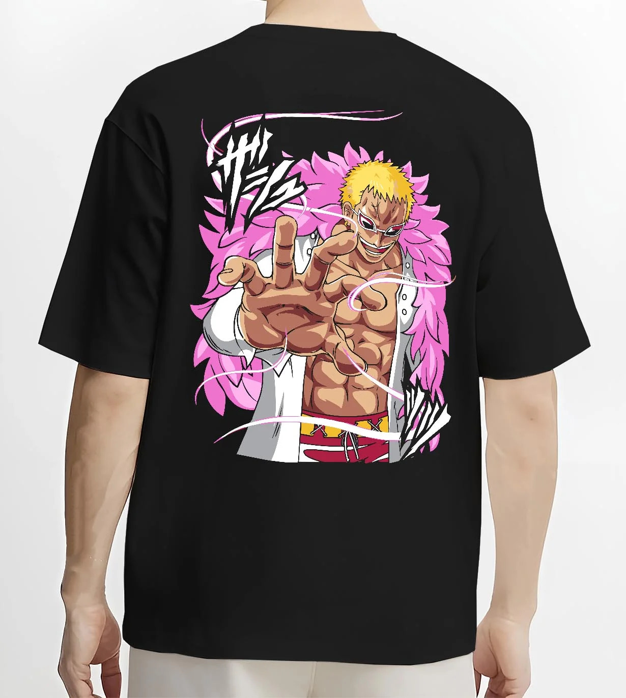 Black T-shirt worn by male model, back view with Doflamingo Hoodie One Piece Villain Charisma Poster graphic premium wear.