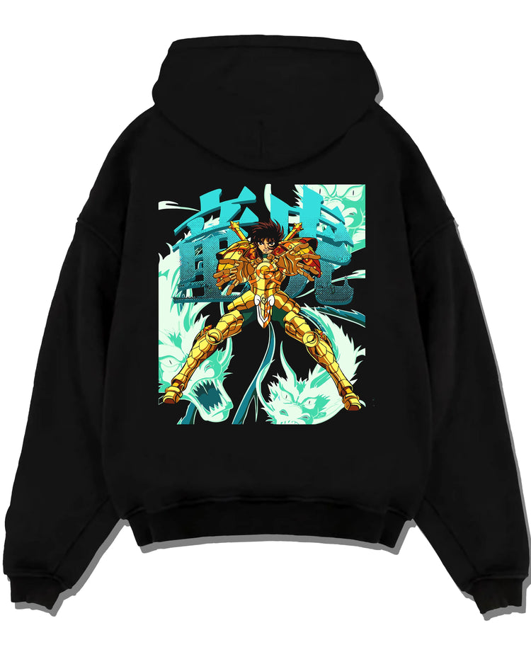 Black pullover hoodie laid flat with Shiryu Hoodie Saint Seiya Dragon Gold Cloth Retro graphic bold anime graphic.