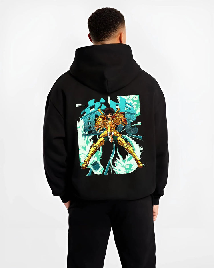 Black hoodie worn by male model, back view with Shiryu Hoodie Saint Seiya Dragon Gold Cloth Retro graphic premium wear.