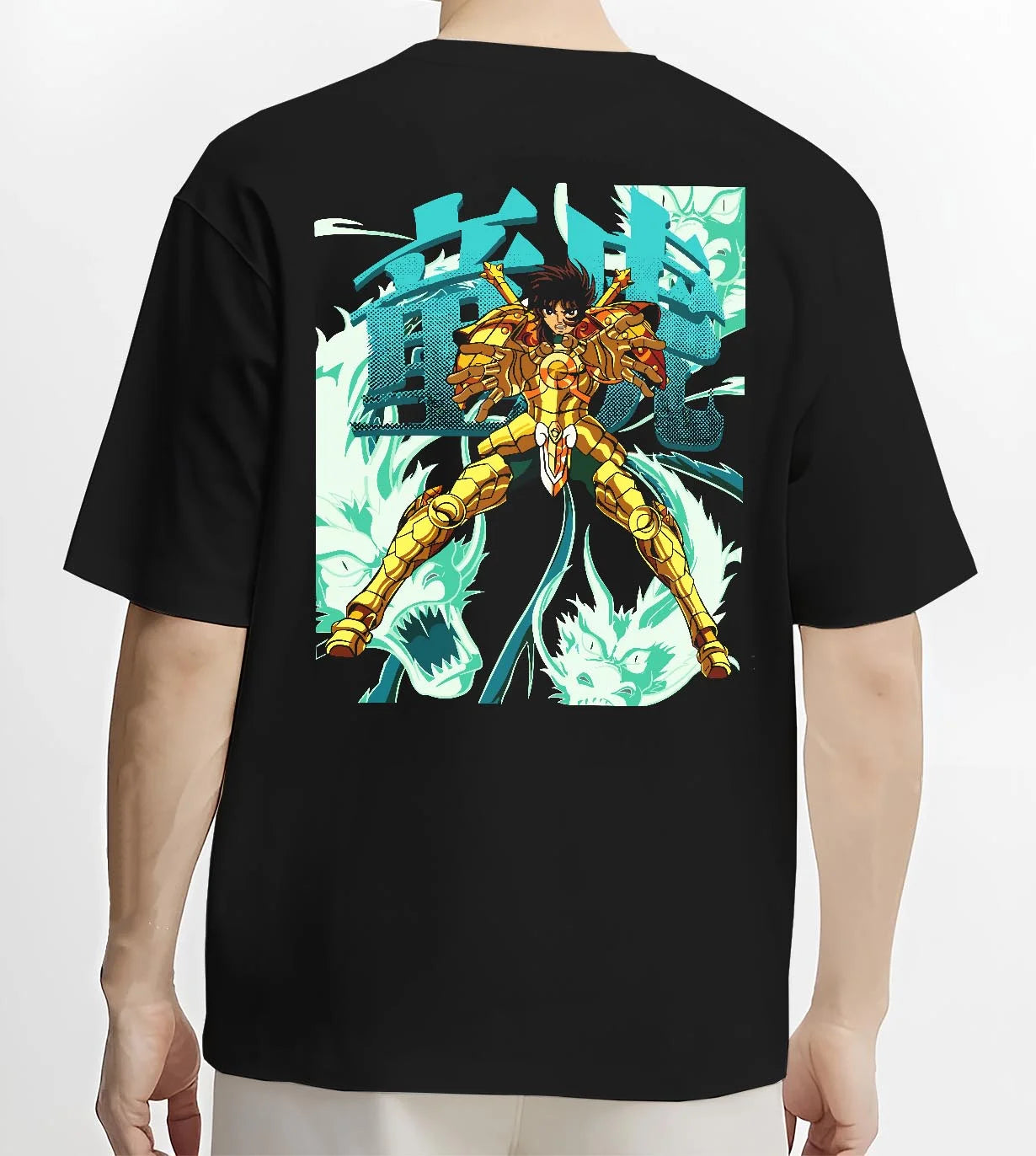 Black T-shirt worn by male model, back view with Shiryu Hoodie Saint Seiya Dragon Gold Cloth Retro graphic premium wear.