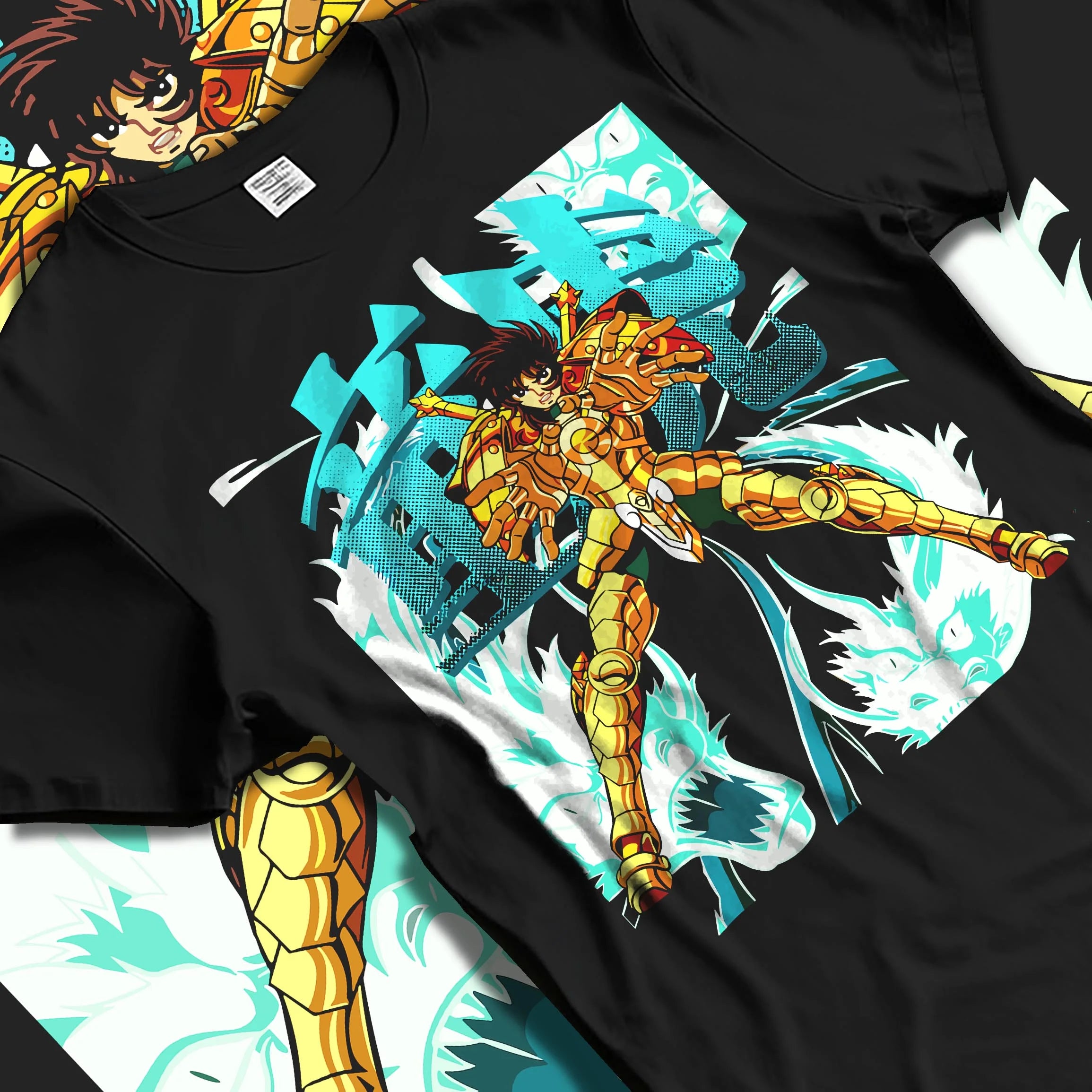 Black T-shirt laid flat with natural folds with Shiryu Hoodie Saint Seiya Dragon Gold Cloth Retro graphic premium wear.
