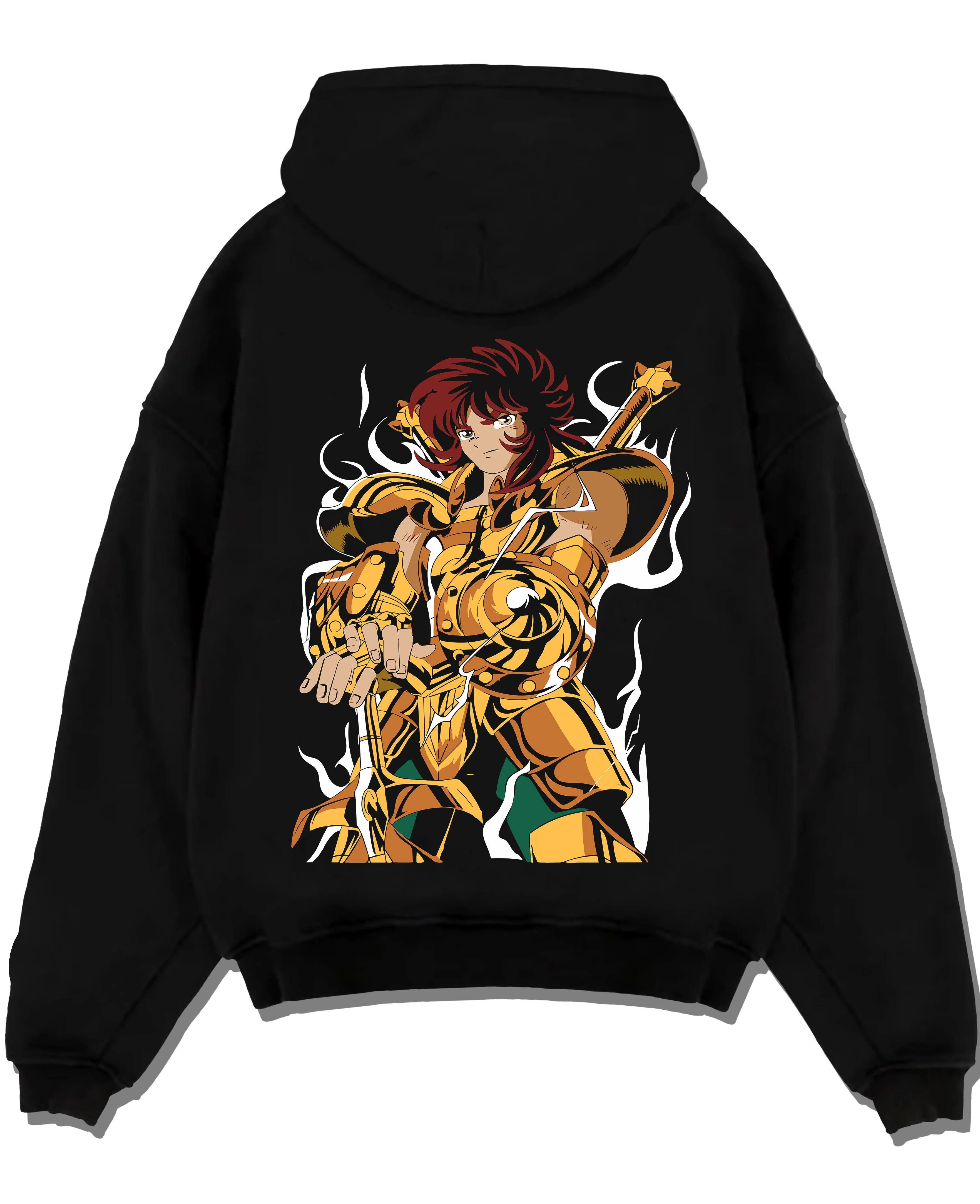 Black pullover hoodie laid flat with Aiolia Hoodie Saint Seiya Gold Saint Leo Armour graphic bold anime graphic.