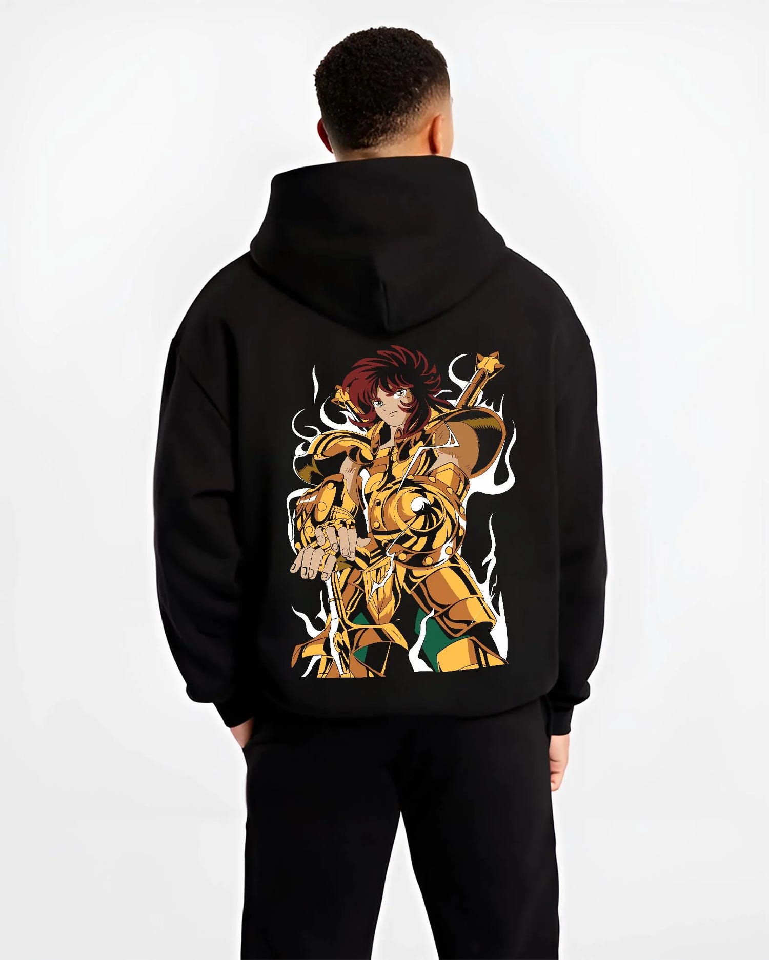 Black hoodie worn by male model, back view with Aiolia Hoodie Saint Seiya Gold Saint Leo Armour graphic bold anime graphic.