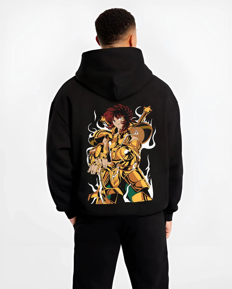 Black hoodie worn by male model, back view with Aiolia Hoodie Saint Seiya Gold Saint Leo Armour graphic bold anime graphic.
