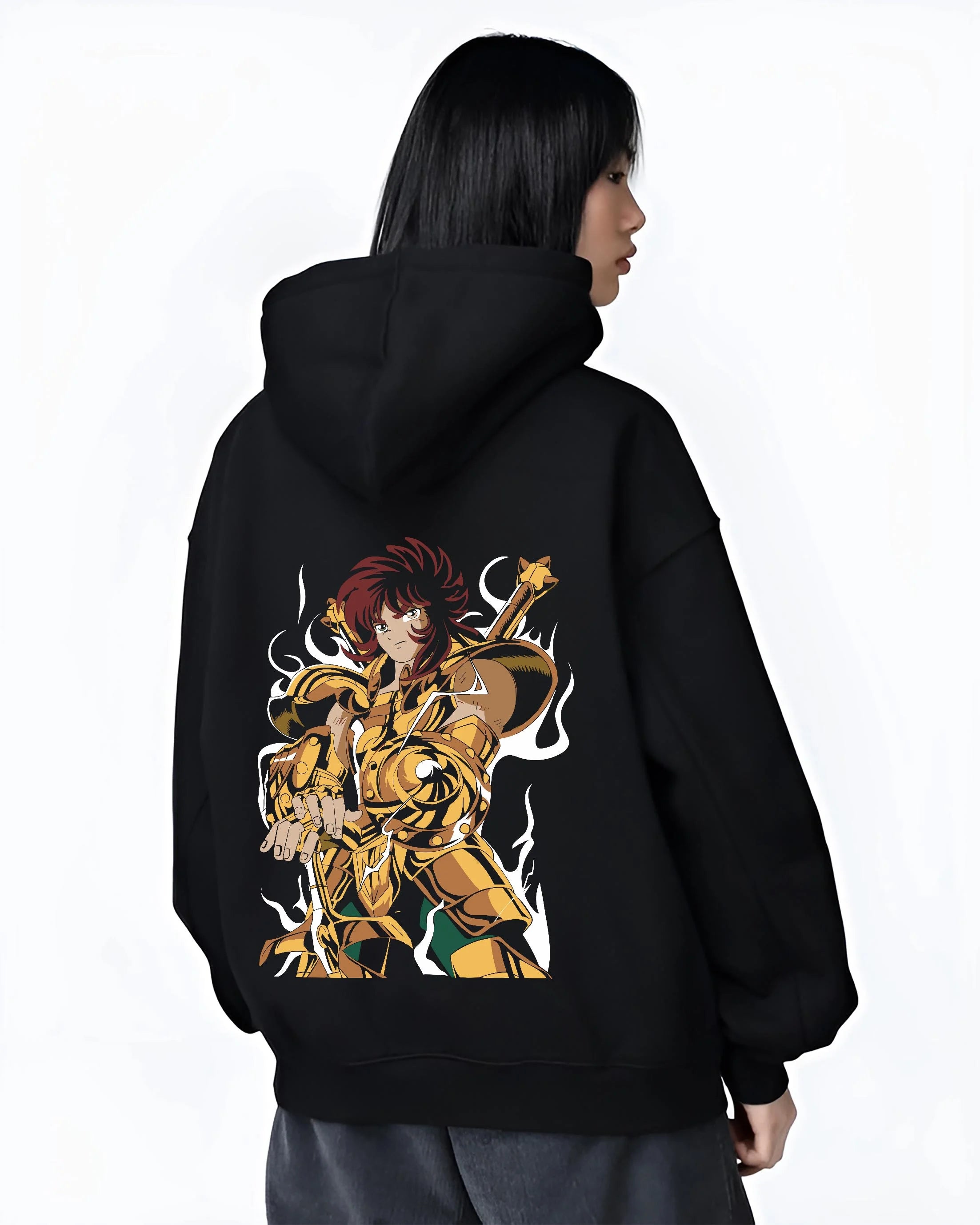 Black hoodie worn by female model, back view with Aiolia Hoodie Saint Seiya Gold Saint Leo Armour graphic Aiolia anime design.