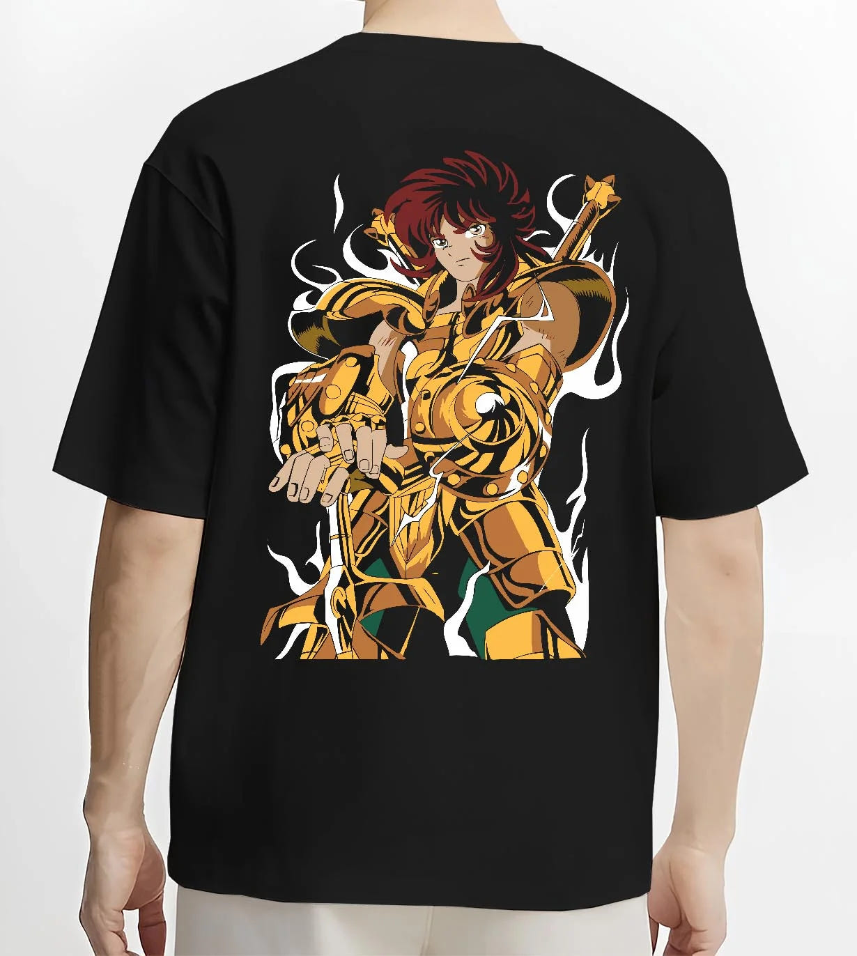 Black T-shirt worn by male model, back view with Aiolia Hoodie Saint Seiya Gold Saint Leo Armour graphic streetwear graphic.