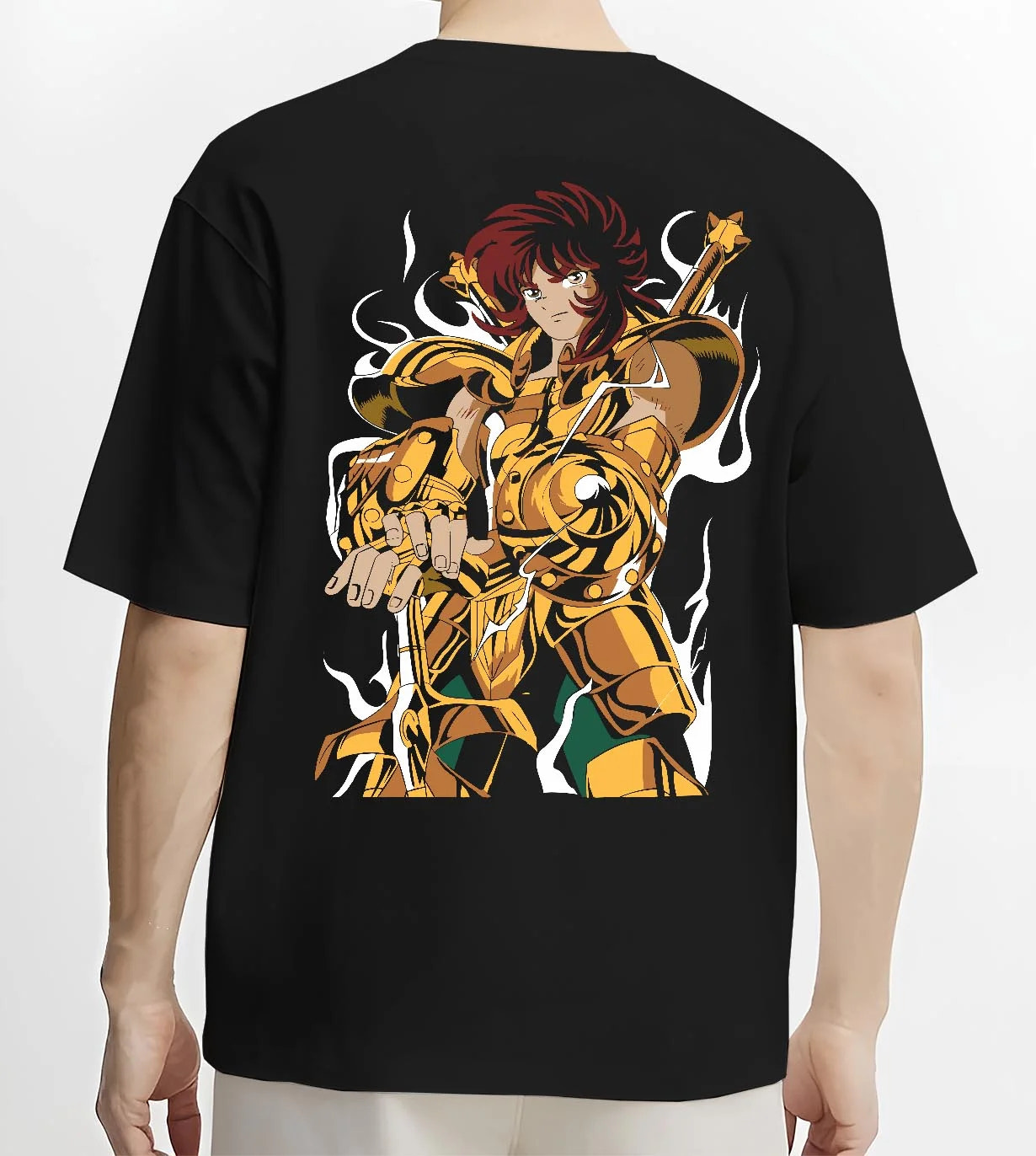 Black T-shirt worn by male model, back view with Aiolia Hoodie Saint Seiya Gold Saint Leo Armour graphic streetwear graphic.