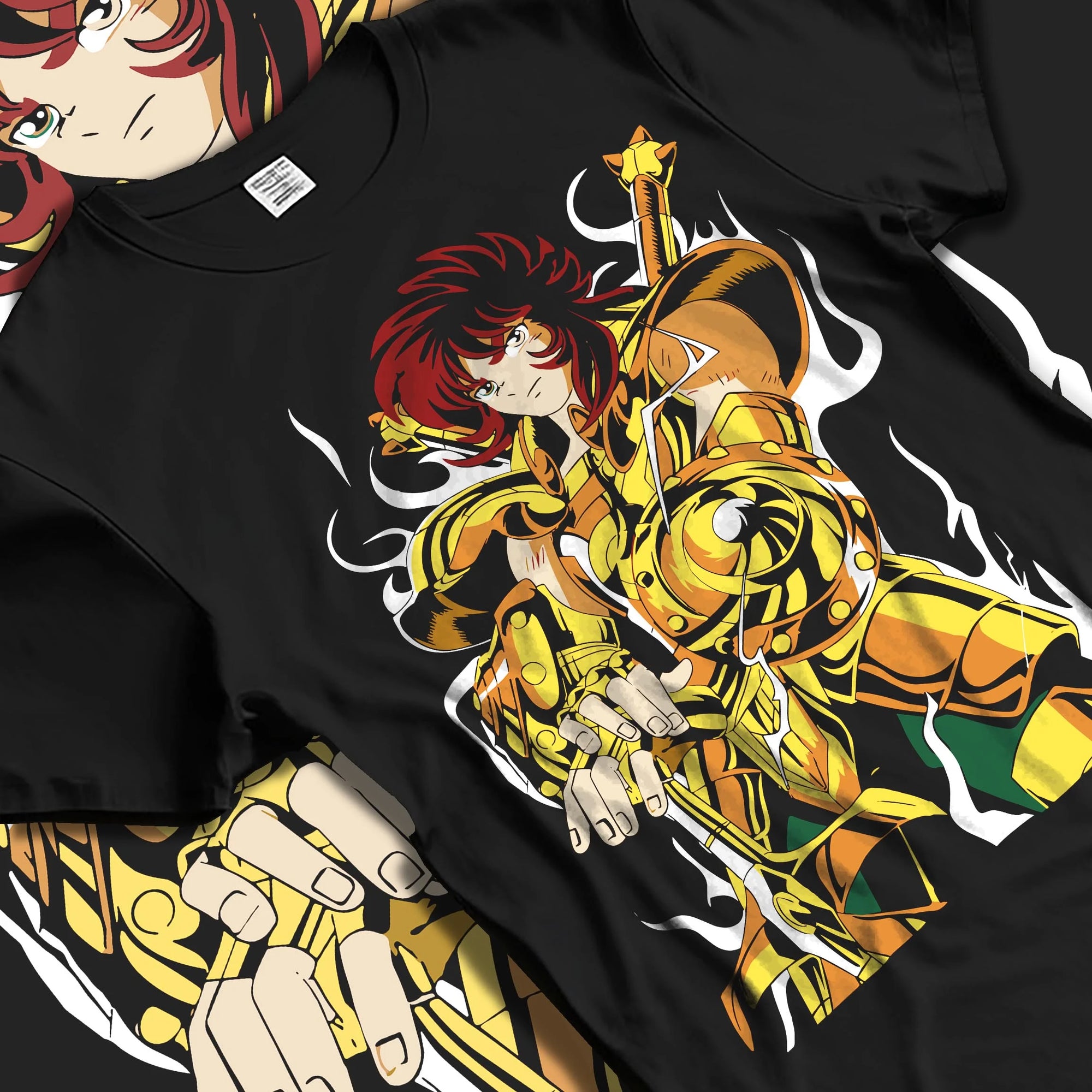 Black T-shirt laid flat with natural folds with Aiolia Hoodie Saint Seiya Gold Saint Leo Armour graphic bold anime graphic.