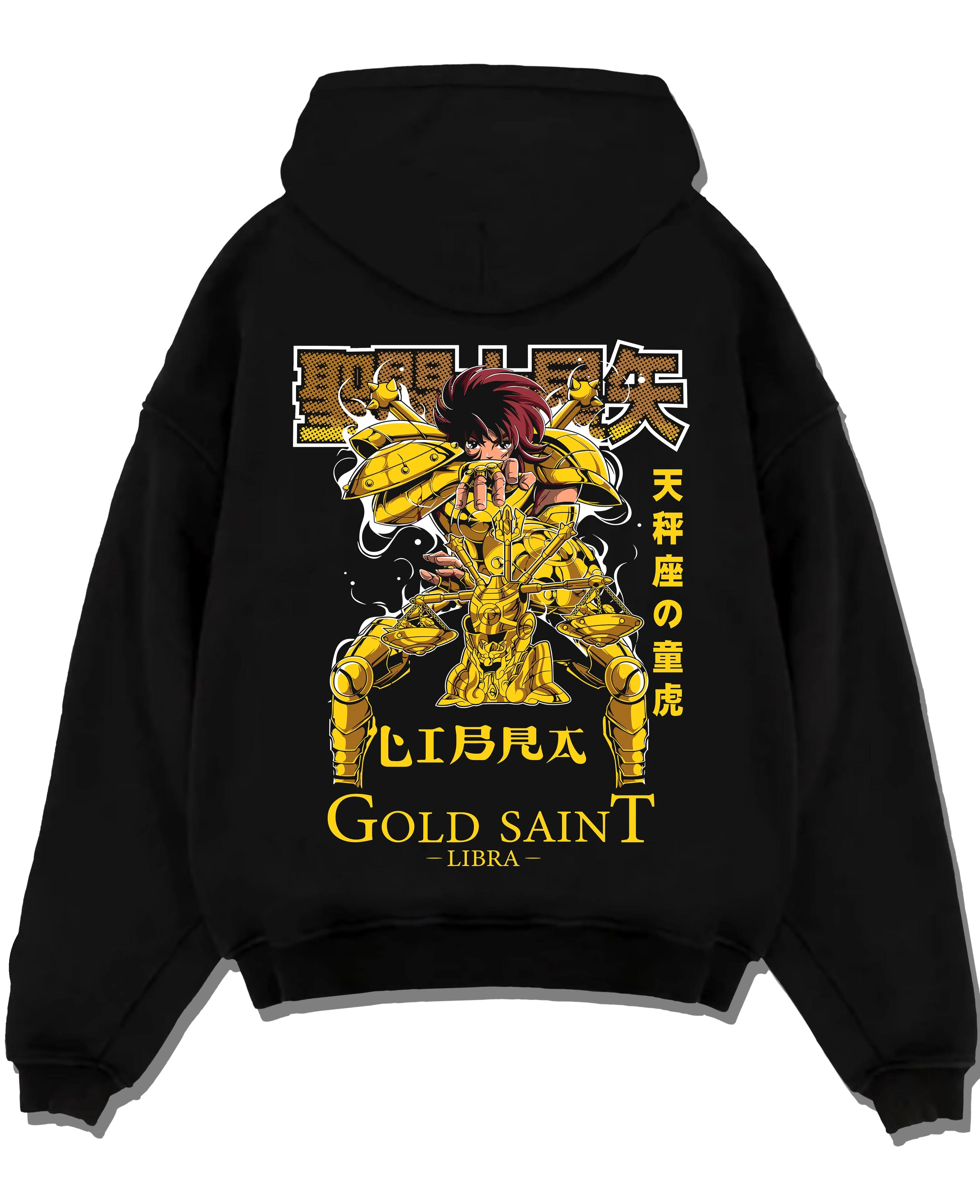 Black pullover hoodie laid flat with Libra Hoodie Saint Seiya Gold Saint Armour Retro graphic streetwear graphic.