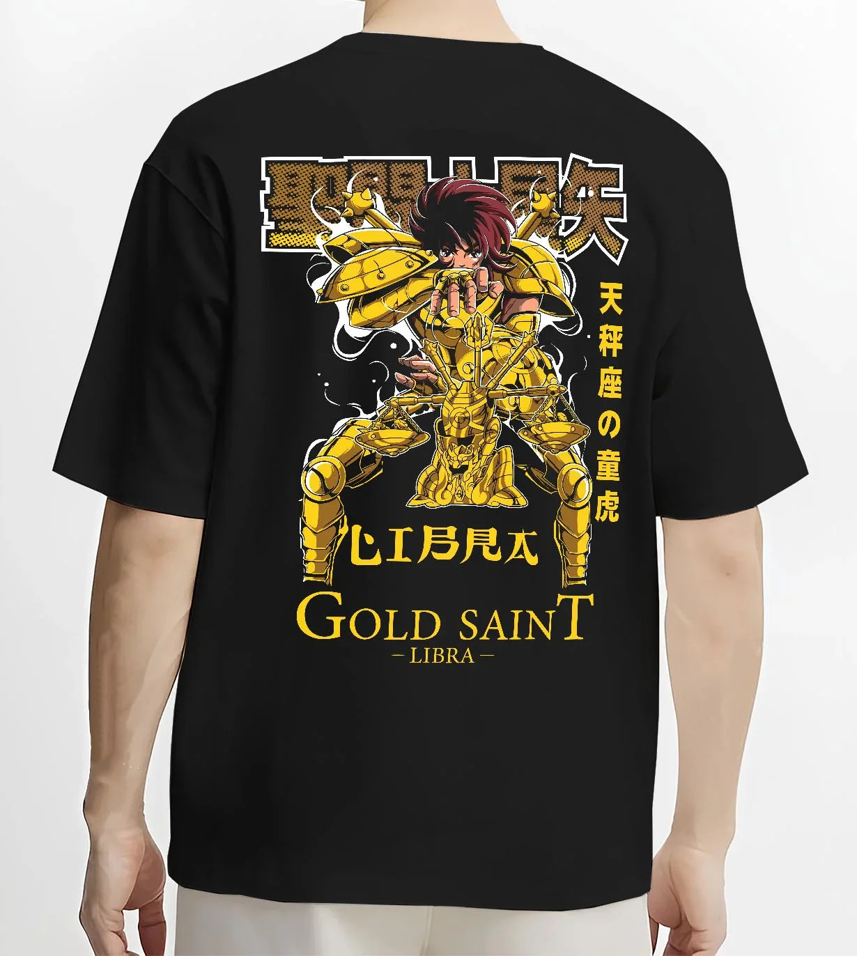 Black T-shirt worn by male model, back view with Libra Hoodie Saint Seiya Gold Saint Armour Retro graphic streetwear graphic.