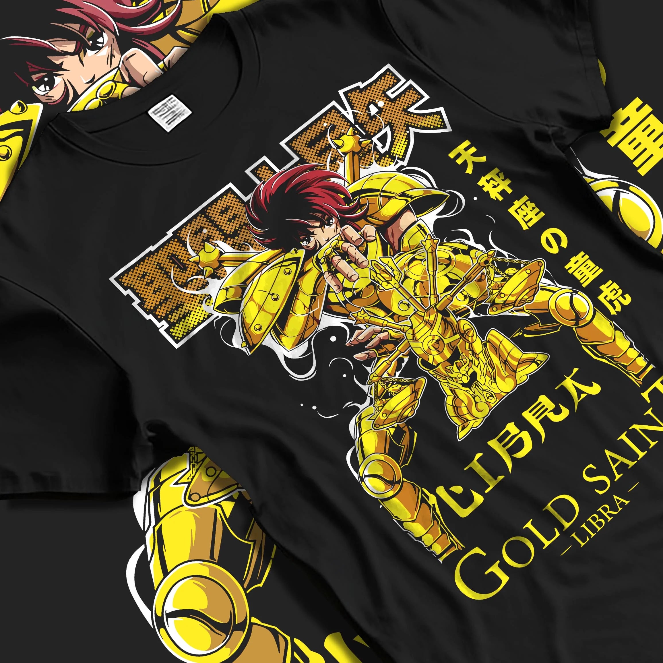 Black T-shirt laid flat with natural folds with Libra Hoodie Saint Seiya Gold Saint Armour Retro graphic streetwear graphic.