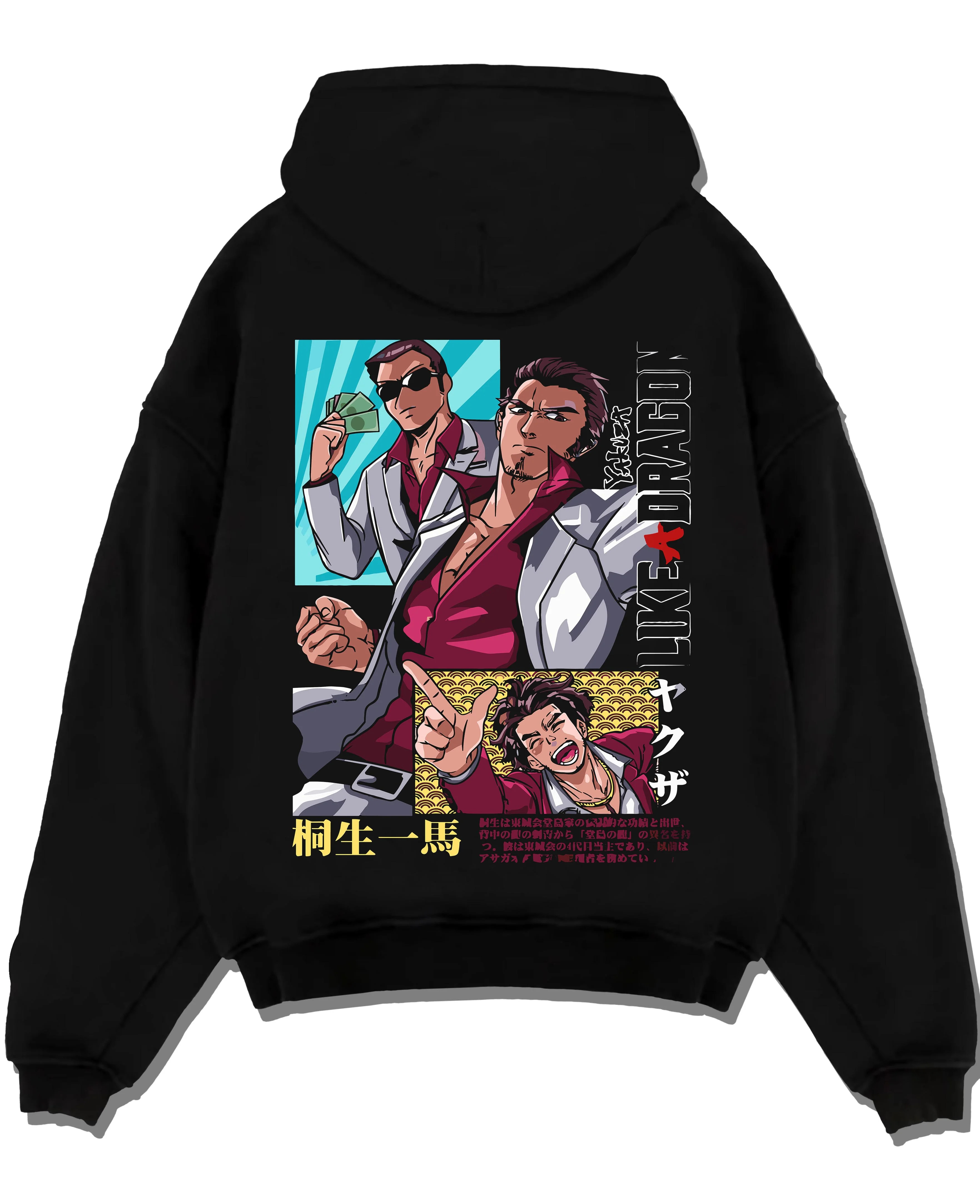 Black pullover hoodie laid flat with Yakuza Hoodie Kazuma Kiryu Majima Goro Jumper graphic streetwear graphic.