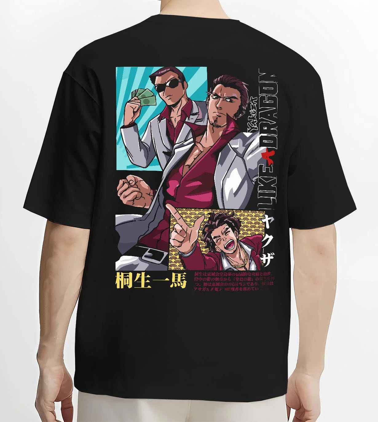 Black T-shirt worn by male model, back view with Yakuza Hoodie Kazuma Kiryu Majima Goro Jumper graphic streetwear graphic.