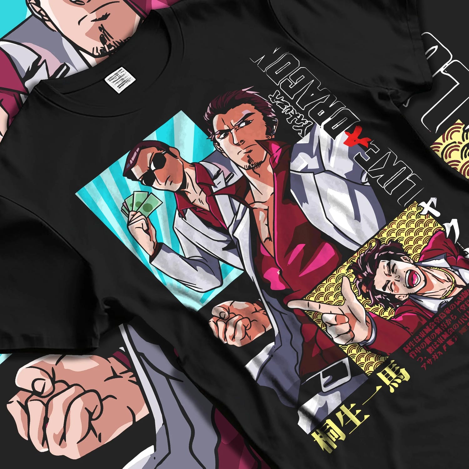 Black T-shirt laid flat with natural folds with Yakuza Hoodie Kazuma Kiryu Majima Goro Jumper graphic bold anime graphic.