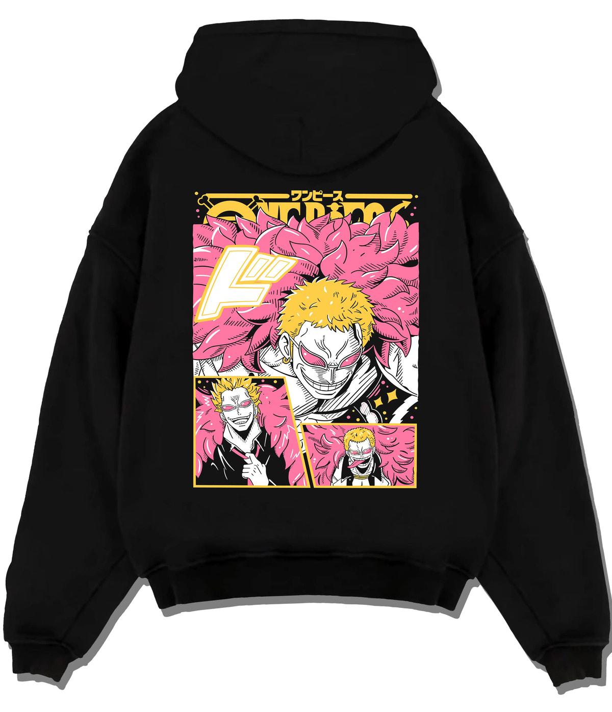 Black hoodie flat back view showing Donquixote Doflamingo from One Piece: pink feather coat collage