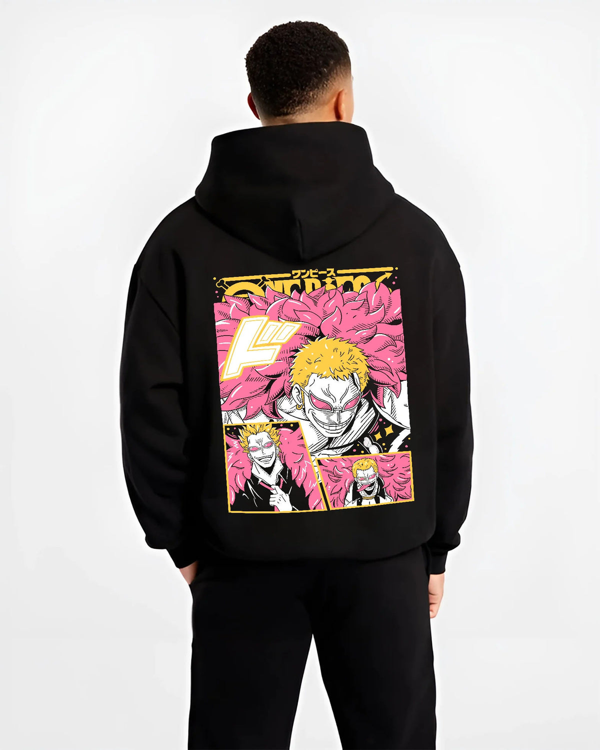 Black hoodie model back view showing Donquixote Doflamingo from One Piece: pink feather coat collage