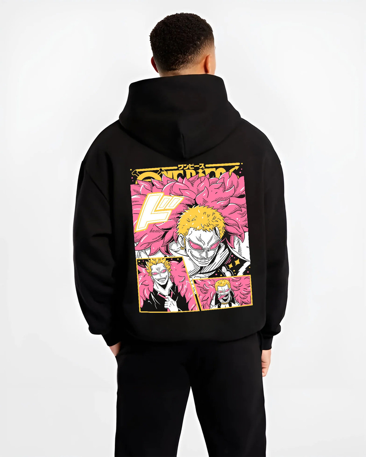 Black hoodie model back view showing Donquixote Doflamingo from One Piece: pink feather coat collage