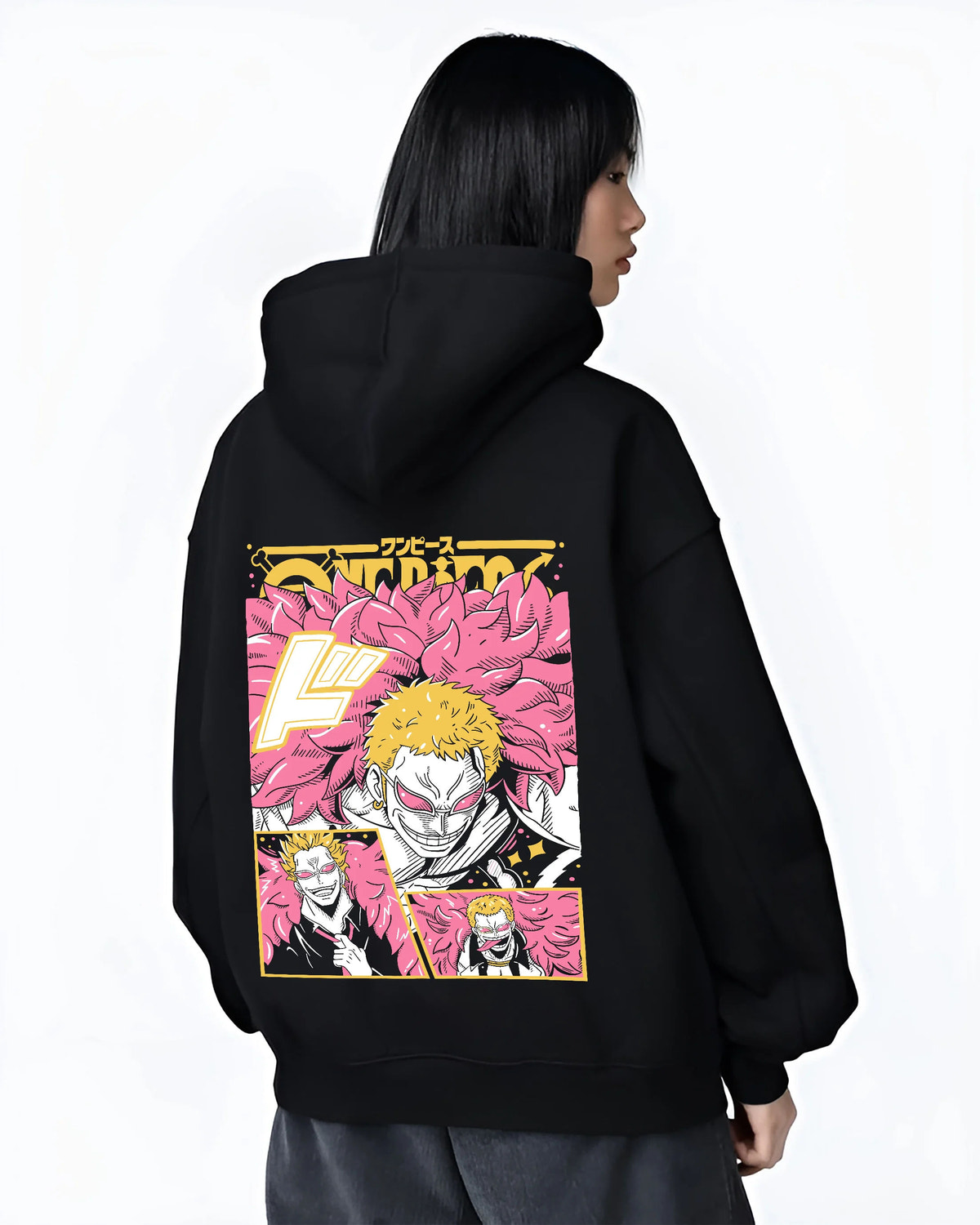 Black hoodie female model back view showing Donquixote Doflamingo from One Piece: pink feather coat collage