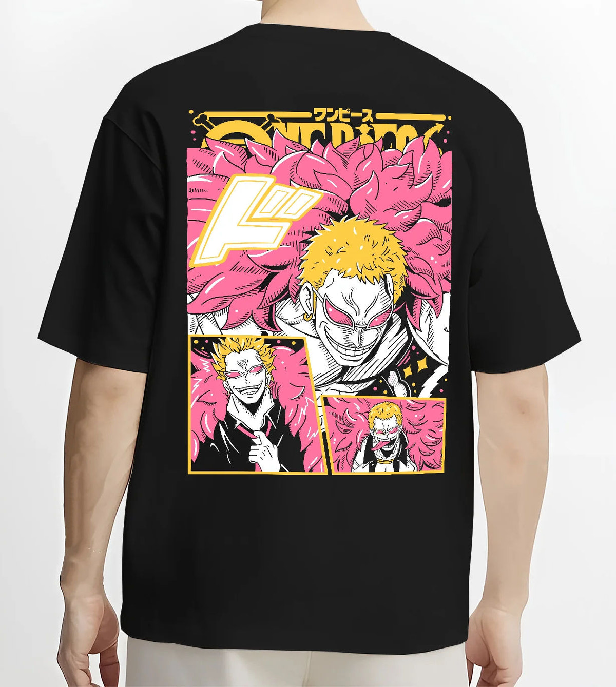 Black T-shirt model back view showing Donquixote Doflamingo from One Piece: pink feather coat collage