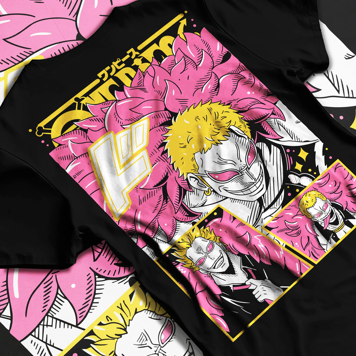 Black T-shirt flat back view showing Donquixote Doflamingo from One Piece: pink feather coat collage