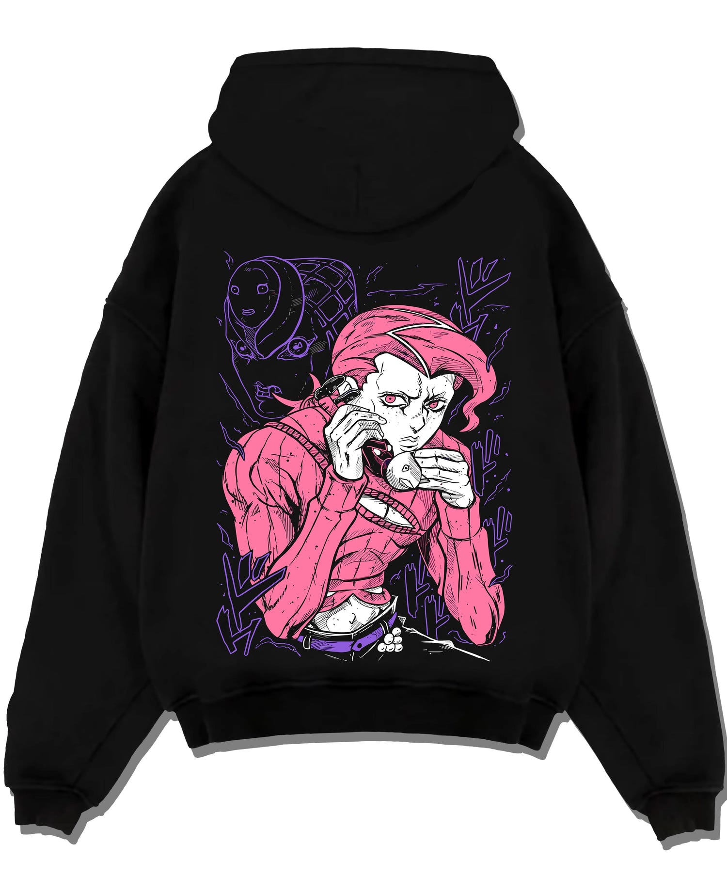 Black pullover hoodie laid flat with JoJo Hoodie Dio Brando JoJo’s Bizarre Adventure Art graphic streetwear graphic.