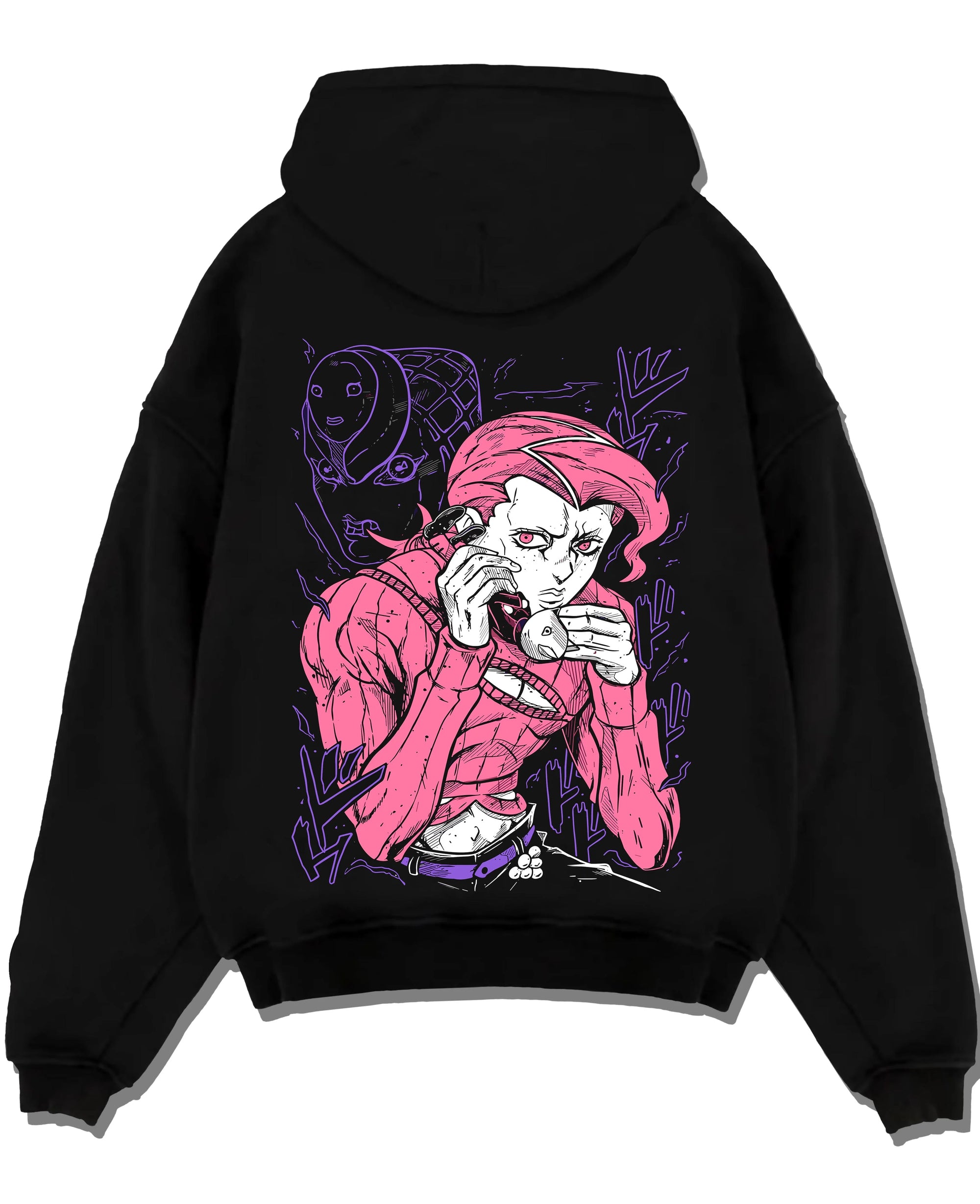 Black pullover hoodie laid flat with JoJo Hoodie Dio Brando JoJo’s Bizarre Adventure Art graphic streetwear graphic.