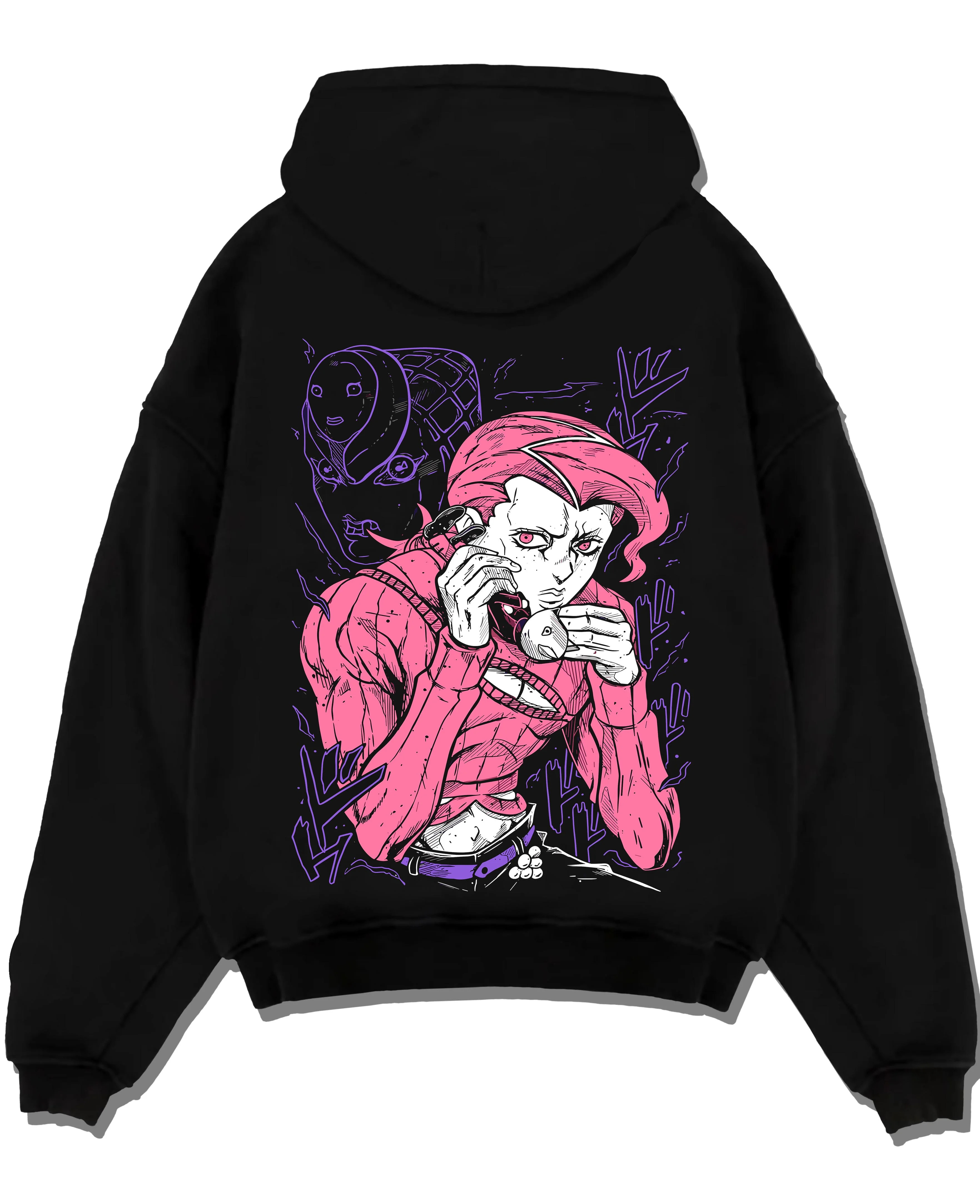 Black pullover hoodie laid flat with JoJo Hoodie Dio Brando JoJo’s Bizarre Adventure Art graphic streetwear graphic.