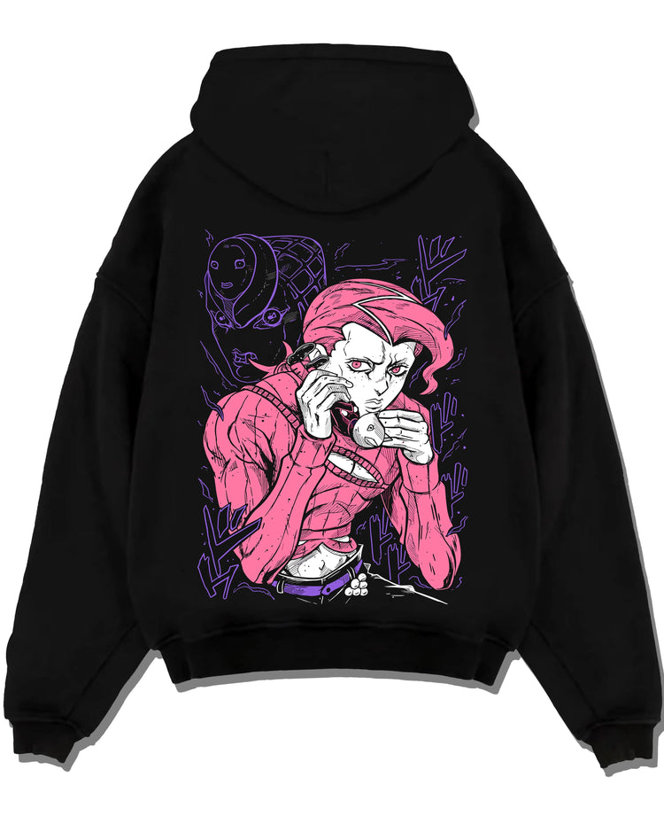 Black pullover hoodie laid flat with JoJo Hoodie Dio Brando JoJo’s Bizarre Adventure Art graphic streetwear graphic.