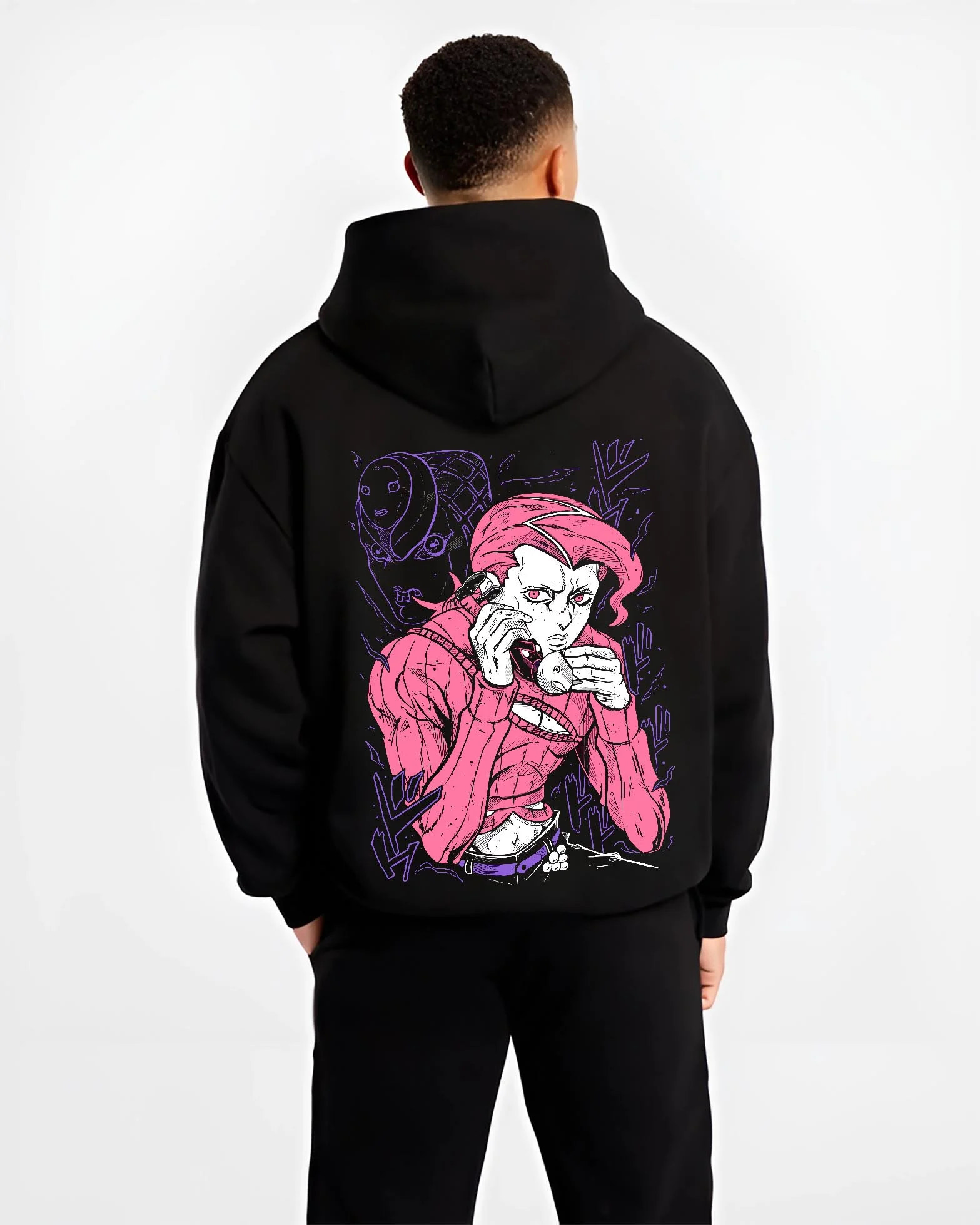 Black hoodie worn by male model, back view with JoJo Hoodie Dio Brando JoJo’s Bizarre Adventure Art graphic premium wear.