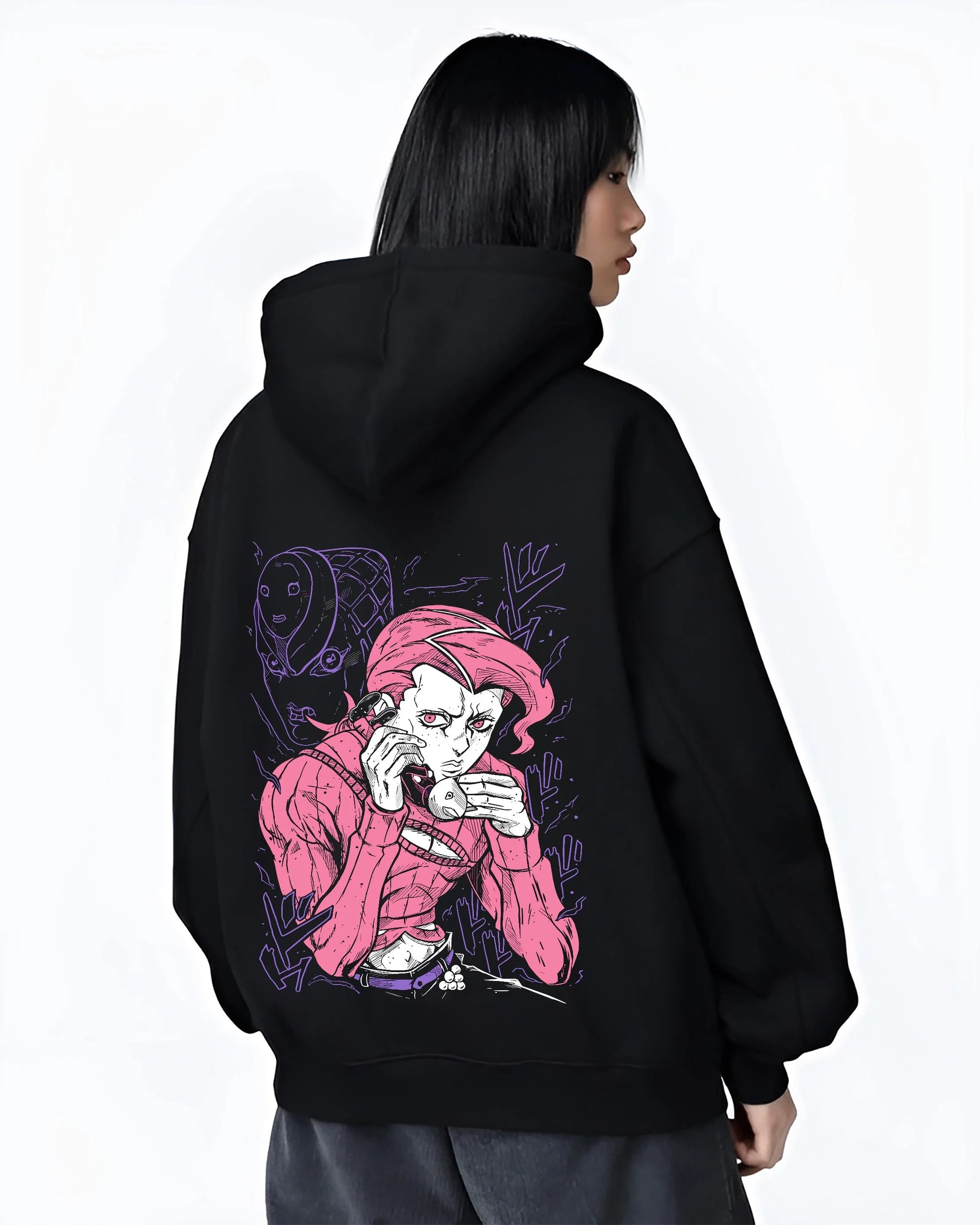 Black hoodie worn by female model, back view with JoJo Hoodie Dio Brando JoJo’s Bizarre Adventure Art graphic bold anime graphic.