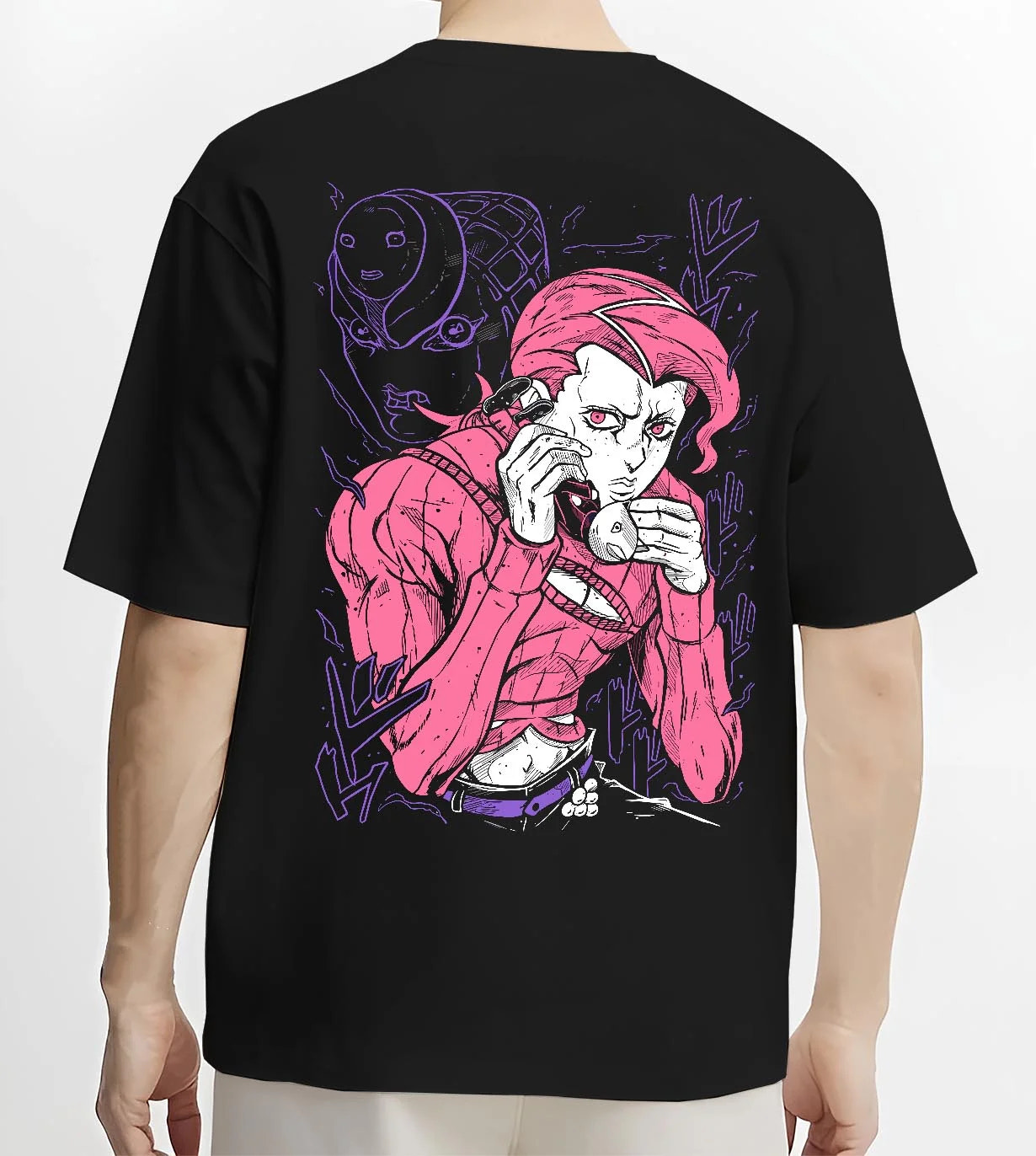 Black T-shirt worn by male model, back view with JoJo Hoodie Dio Brando JoJo’s Bizarre Adventure Art graphic bold anime graphic.