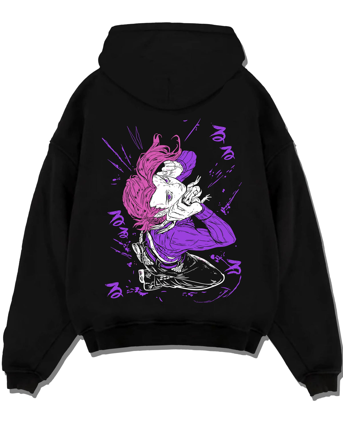 Black hoodie laid flat featuring Doppio JoJo's Bizarre Adventure villain artwork.