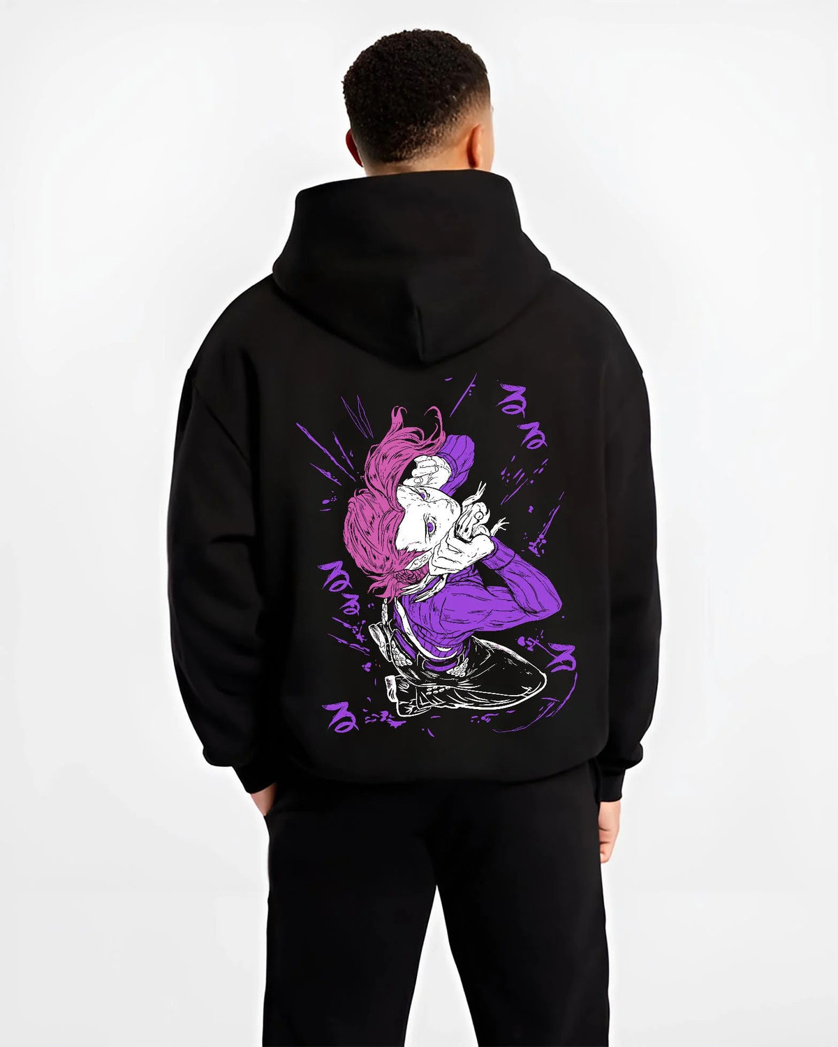 Black hoodie worn by male model from the back featuring Doppio JoJo's Bizarre Adventure villain artwork.